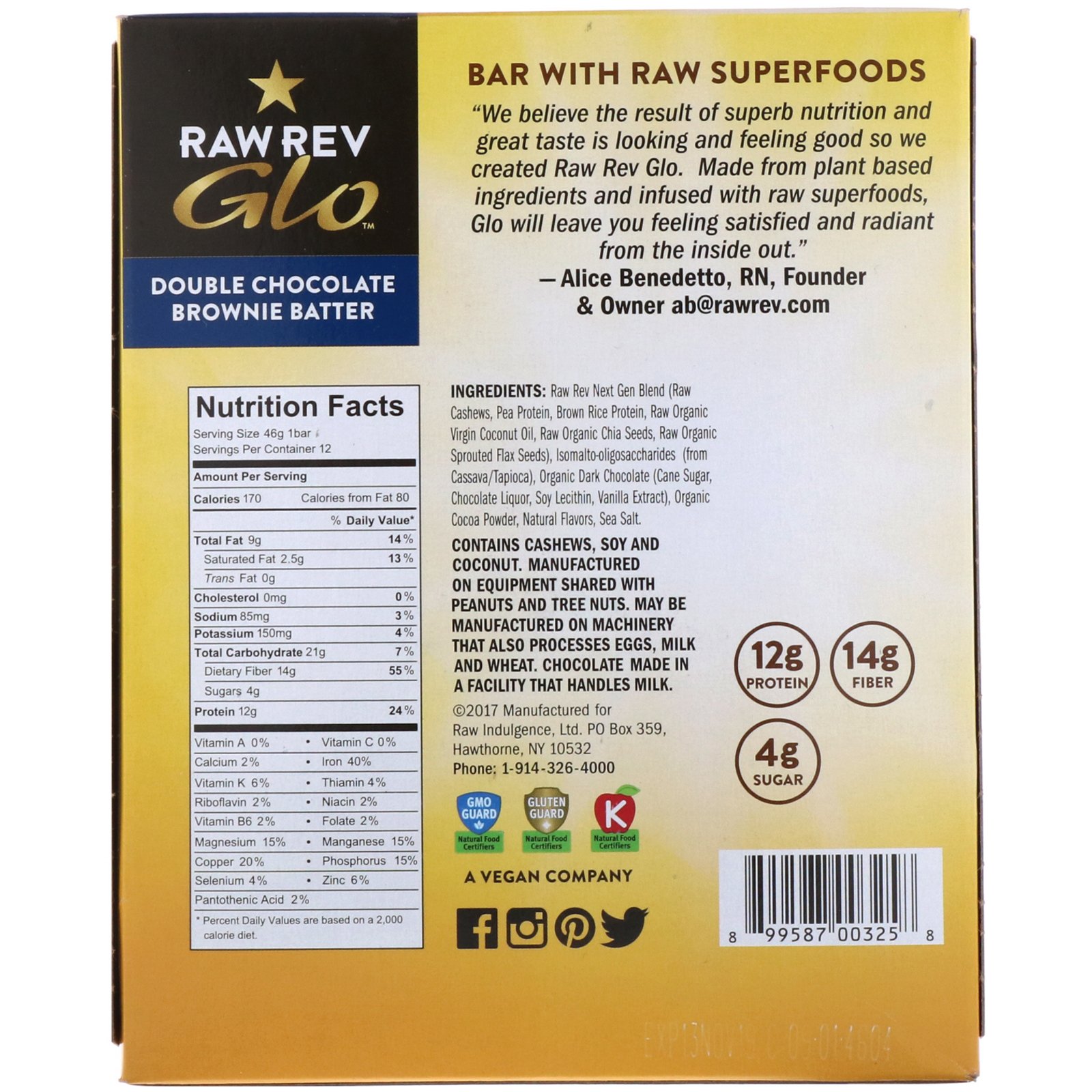 Comprar Raw Rev, Glo, Massa de Brownie de Chocolate Duplo, 12 Barras, 1,6 oz (46 g) Cada - Imagem 3