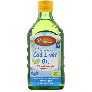 Comprar Carlson Labs, Kid's Norwegian, Cod Liver Oil, Natural Lemon Flavor, 8.4 fl oz (250 ml)