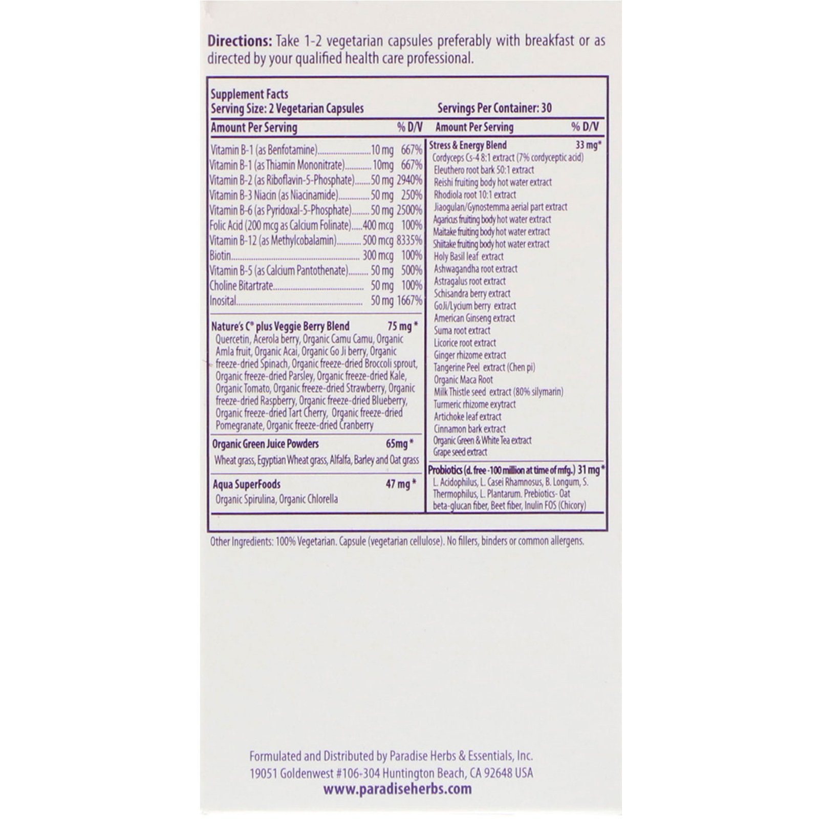 Comprar Paradise Herbs, Orac-Energy, Earth's Blend, Complexo B com Bs Ativados por Coenzimas, 60 Cápsulas Vegetais - Imagem 2