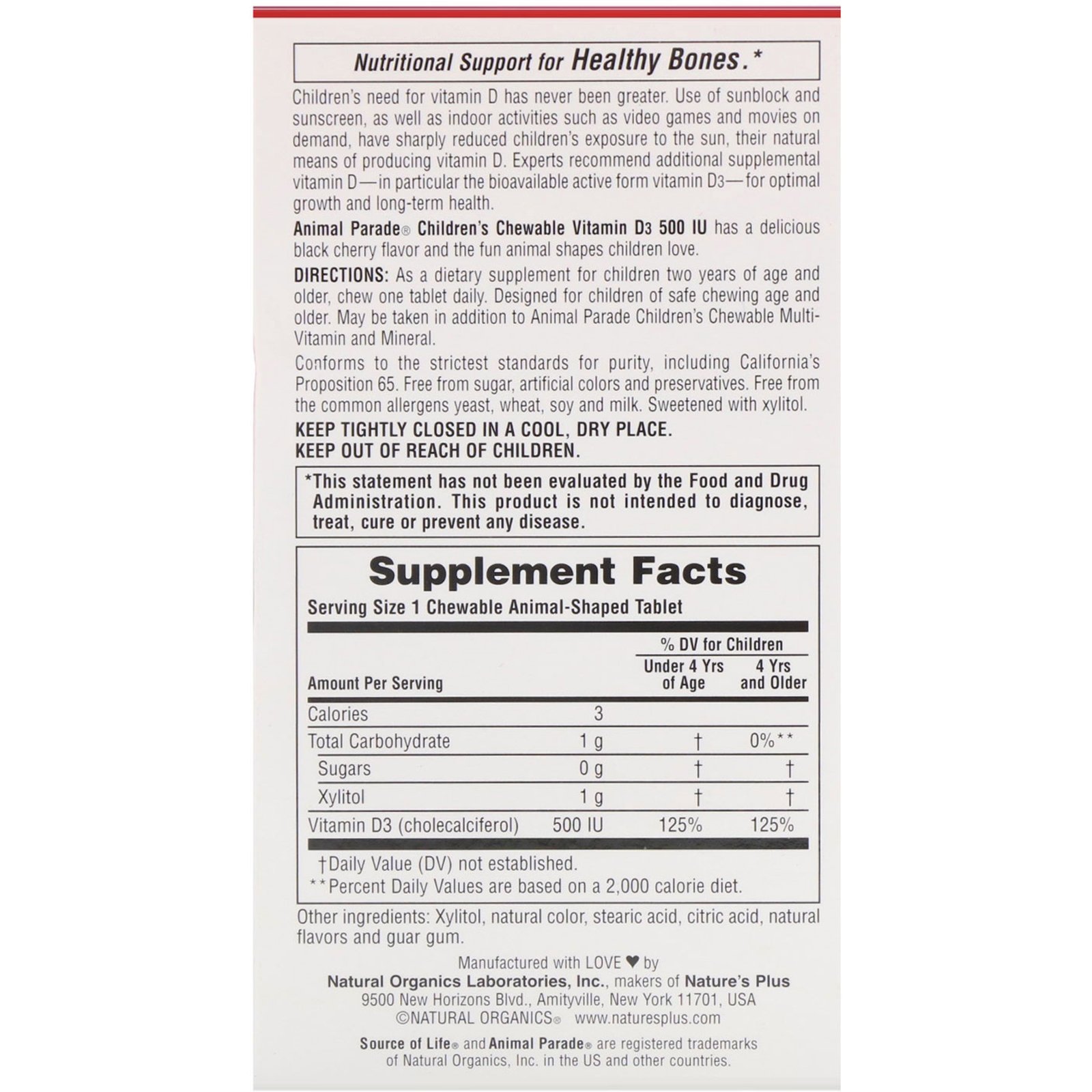Comprar Nature's Plus, Source of Life, Animal Parade, Vitamina D3, Sem Açúcar, Sabor Natural de Cereja Preta, 500 UI, 90 Comprimidos em Forma de Animal - Imagem 3