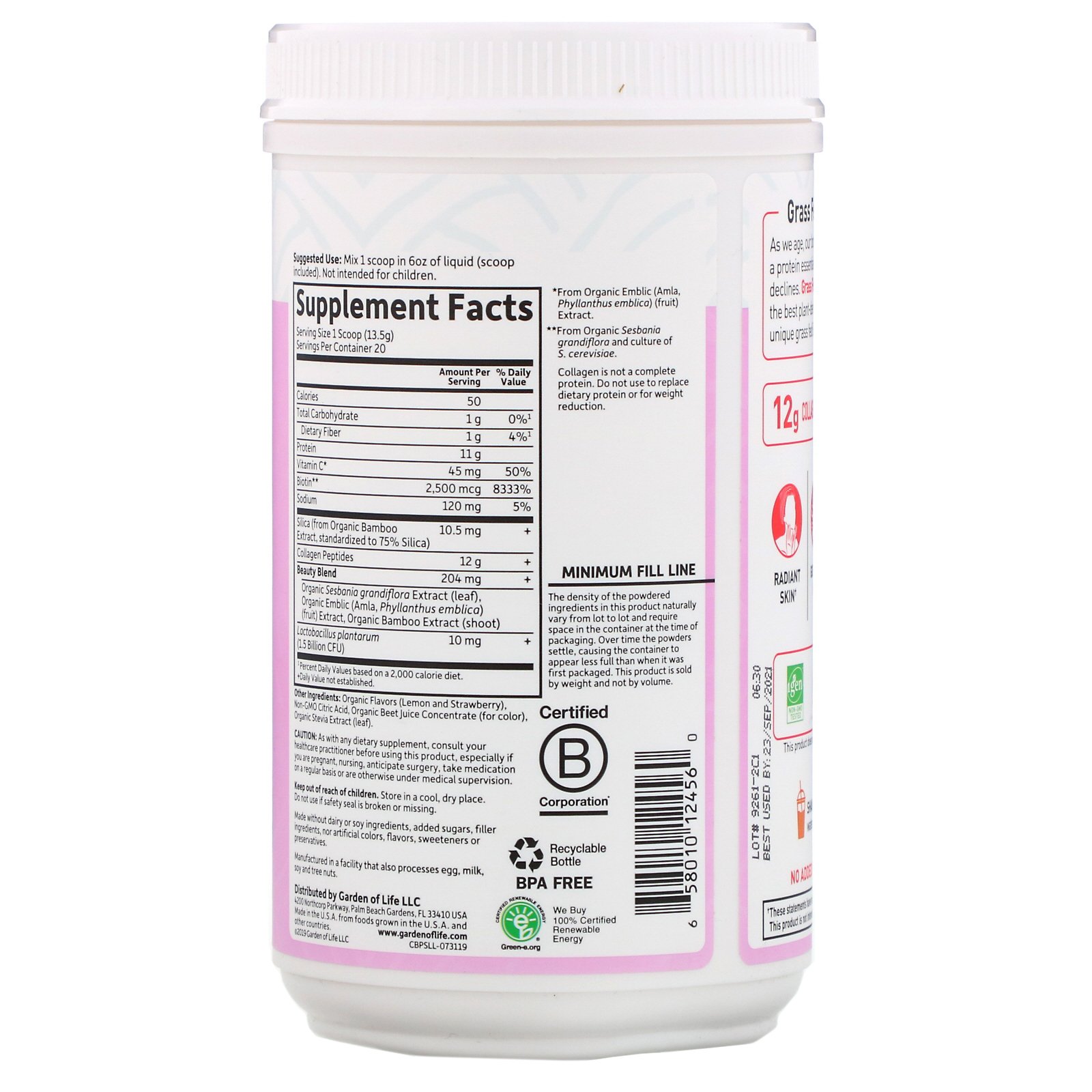 Comprar Garden of Life, Beleza A Partir de Colágeno Alimentado com Grama, Limonada de Morango, 9,52 oz (270 g) - Imagem 2