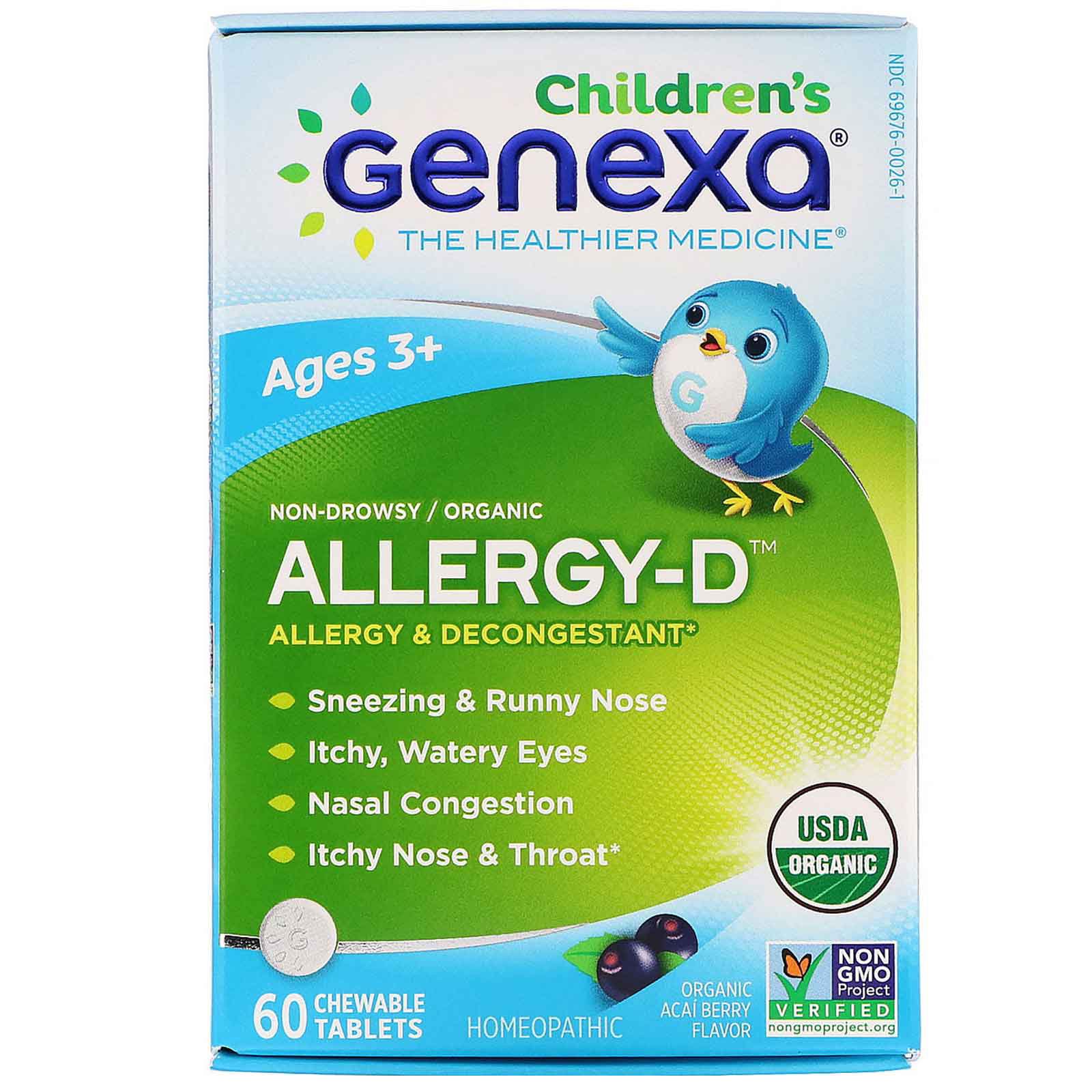 Comprar Genexa, Allergy-D, Allergy & Decongestant, Organic Acai Berry Flavor, 60 Chewable Tablets