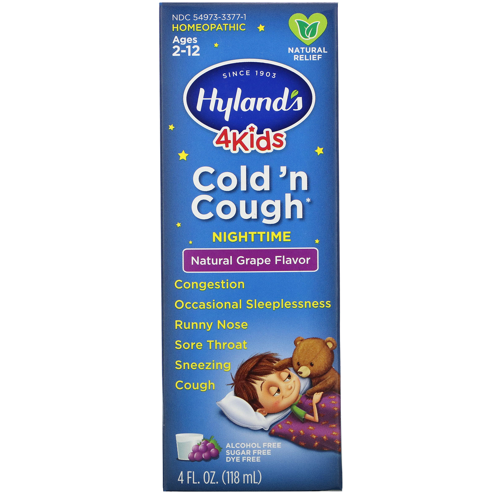 Comprar Hyland's, 4 Kids, Cold 'n Cough Nighttime, Ages 2-12, Natural Grape Flavor, 4 fl oz (118 ml) - Imagem 2