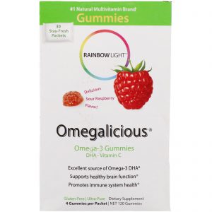 Comprar Rainbow Light, Omegalício, Chiclete de Ômega-3, framboesa áspera, 30 pacotes, (4 chicletes) Cada