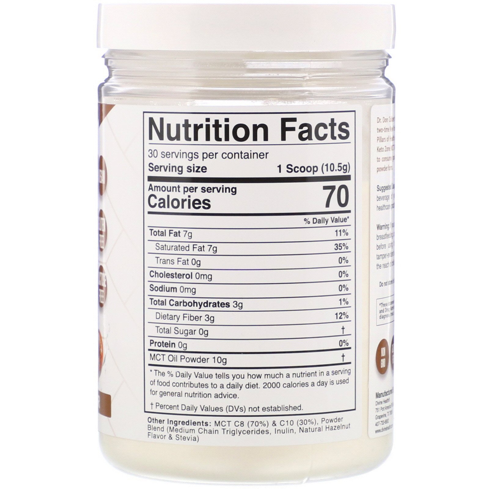 Comprar Divine Health, Dr. Colbert's Keto Zone, MCT Oil Powder, Hazelnut , 11.11 oz (315 g) - Imagem 2