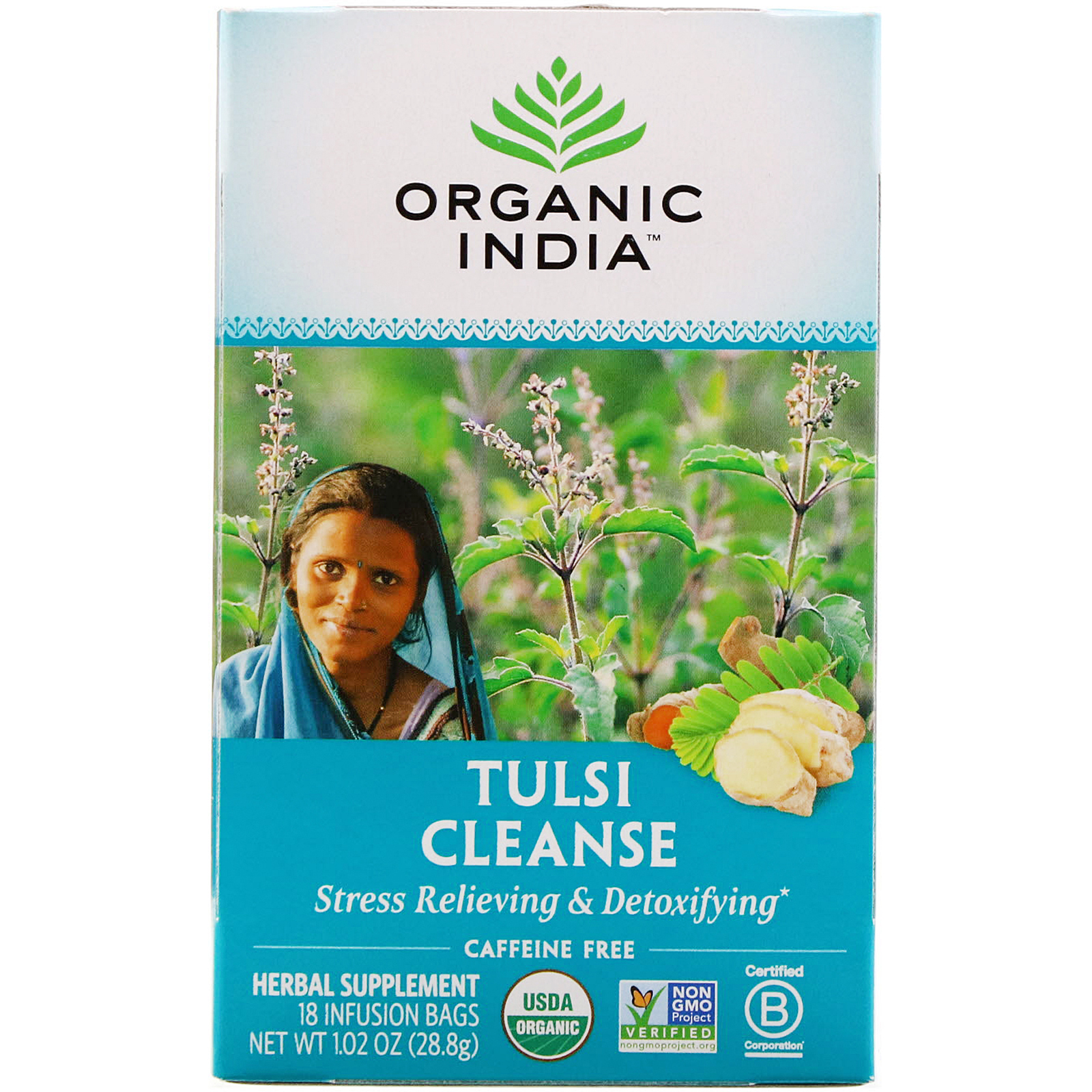 Comprar Organic India, Chá Tulsi, Cleanse, Sem Cafeína, 18 Saquinhos de Infusão, 28,8 g (1,02 oz)