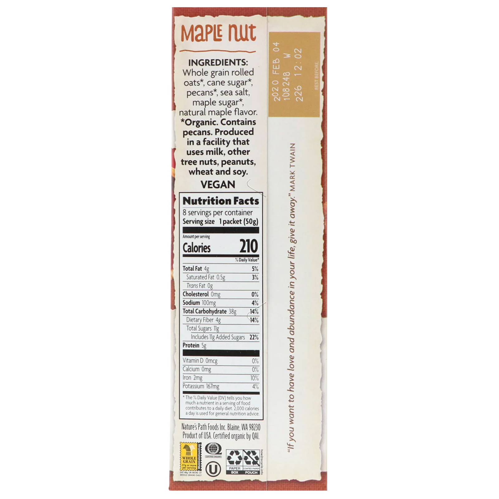 Comprar Nature's Path, Organic Instant Oatmeal, Maple Nut, 8 Packets, 14 oz (400 g) - Imagem 2