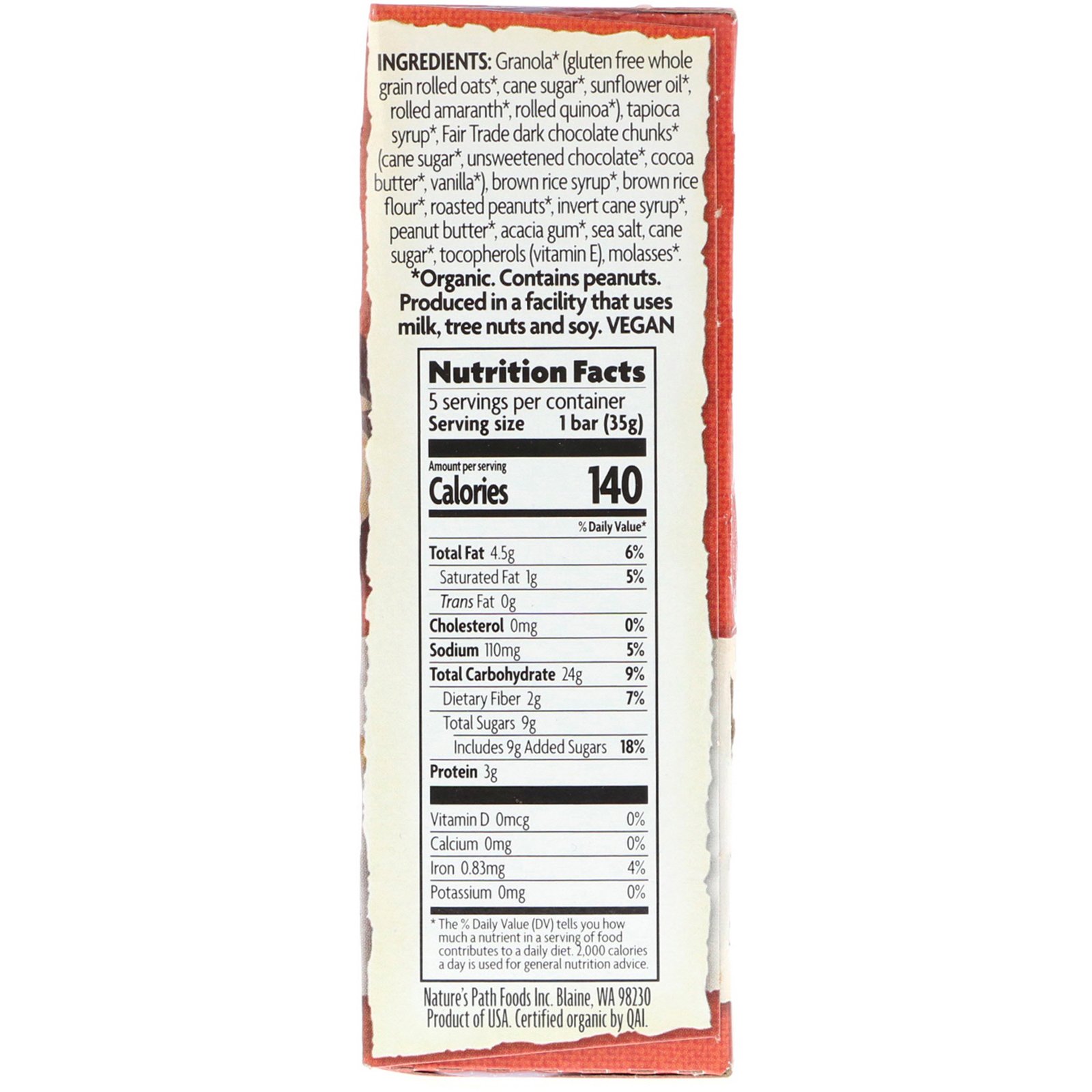 Comprar Nature's Path, Seleções sem glúten, barras mastigáveis de granola, pedaços de chocolate e amendoim, 5 barras 1,2 oz. (35 g) cada - Imagem 2