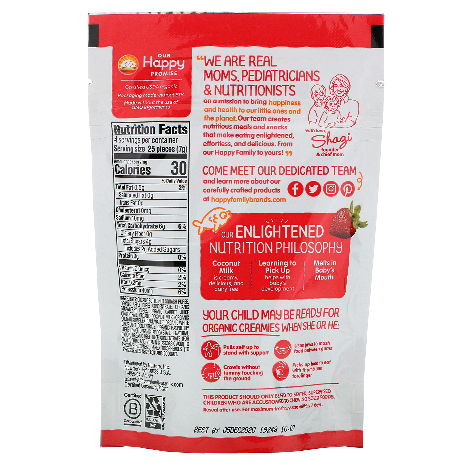 Comprar Happy Family Organics, Cremosos Orgânicos, Vegetais Liofilizados, Petiscos de Frutas e Leite de Coco, Morango, Framboesa e Cenoura, 1 oz (28 g) - Imagem 2