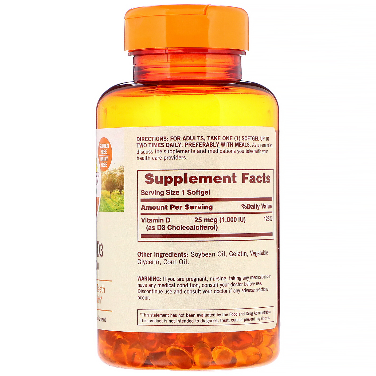 Comprar Sundown Naturals, Vitamina D3, 25 mcg (1.000 UI), 400 Cápsulas de Softgels - Imagem 2