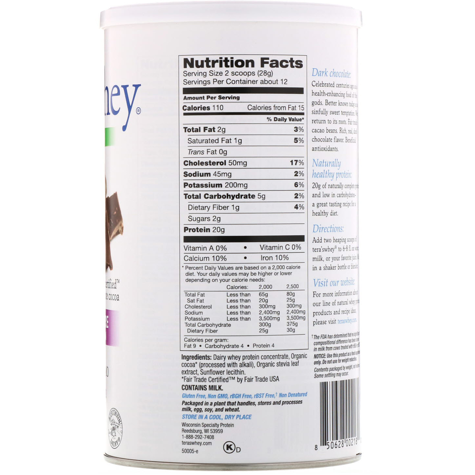 Comprar Tera's Whey, Grass Fed, Simply Pure Whey Protein, Fair Trade Dark Chocolate Cocoa, 12 oz (340 g) - Imagem 2