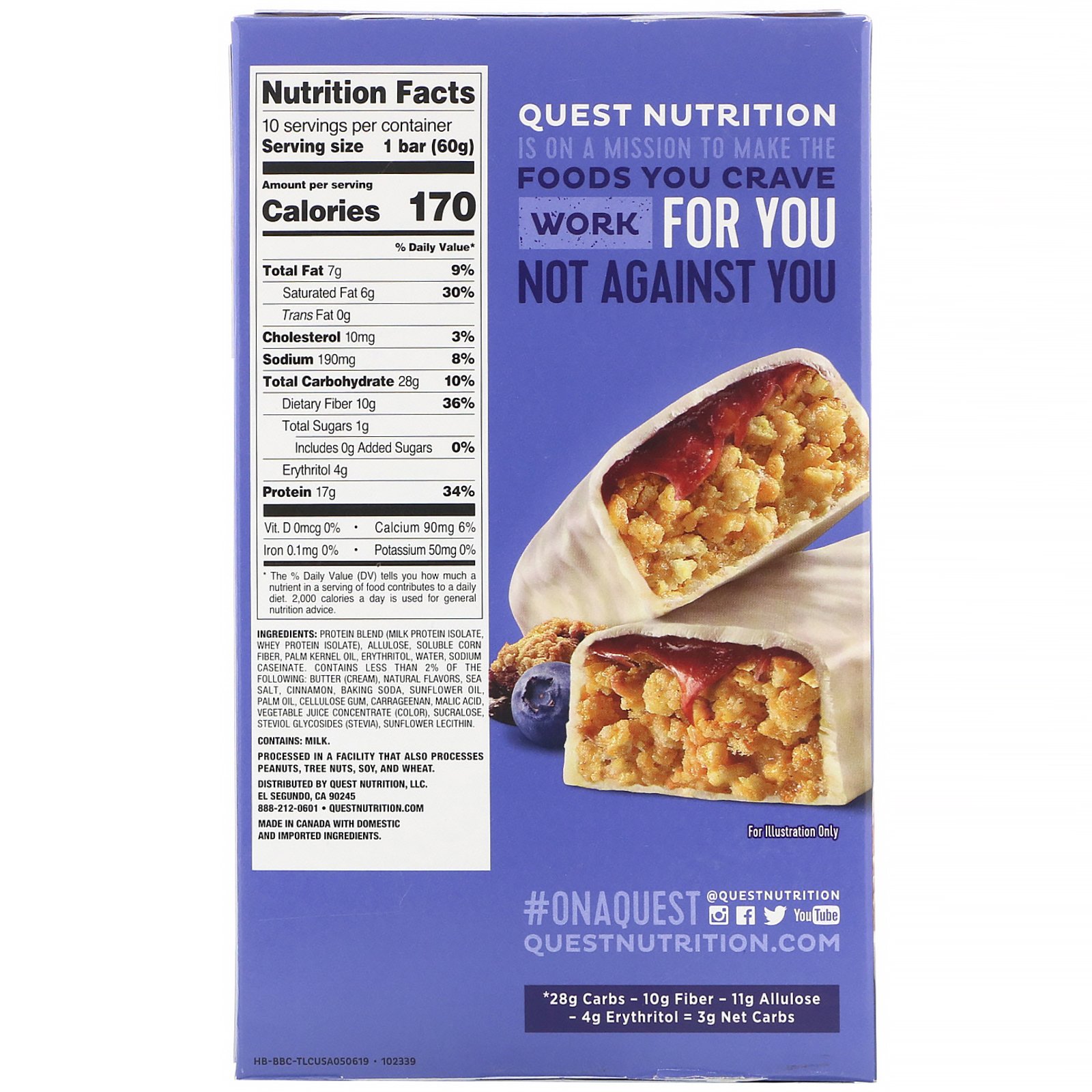 Comprar Quest Nutrition, Hero Barra de Proteínas, Cobbler de Mirtilo, 10 Barras, 60 g (2,12 oz) Cada - Imagem 3