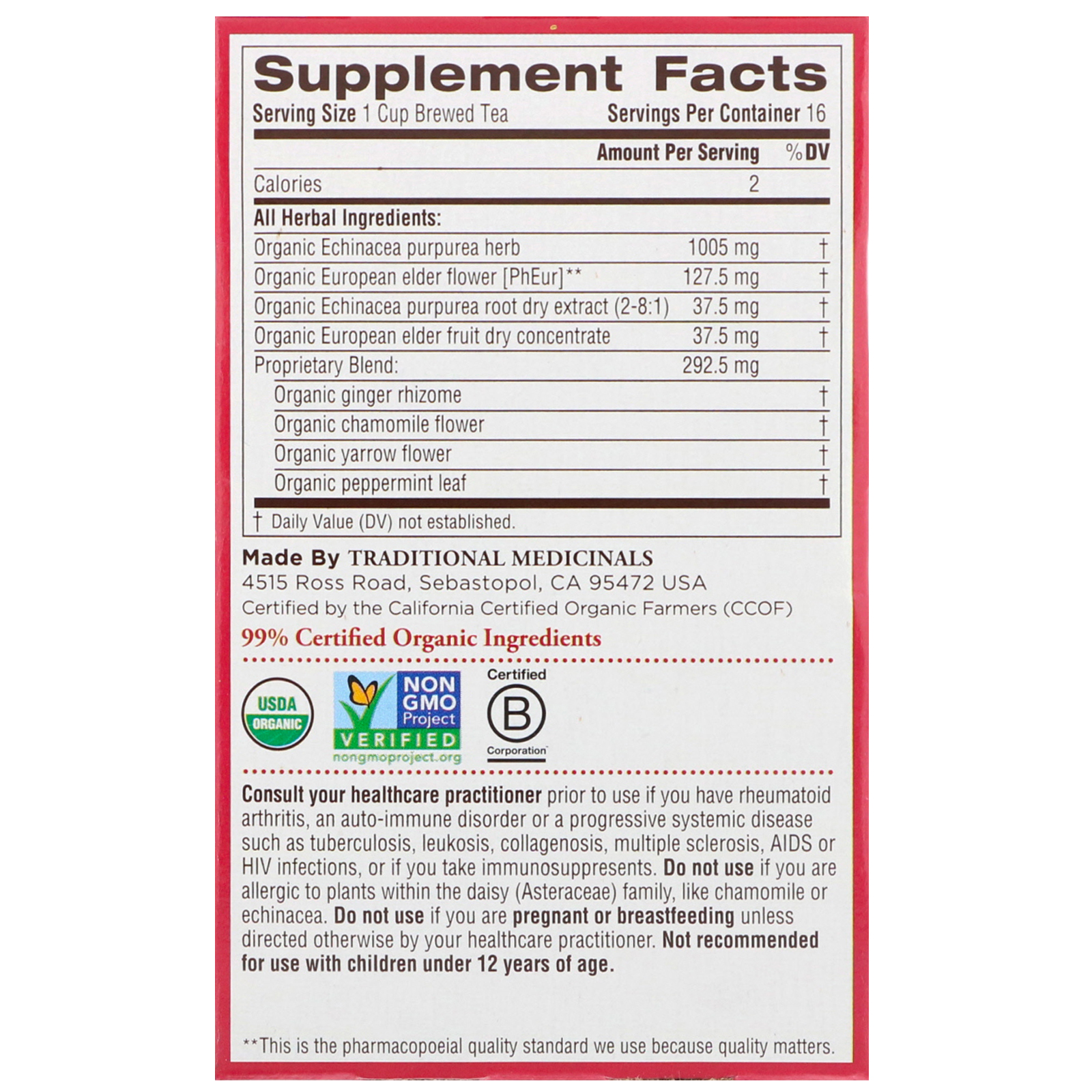 Comprar Traditional Medicinals, Organic Echinacea Plus, Elderberry, Caffeine Free, 16 Wrapped Tea Bags, .85 oz (24 g) - Imagem 2