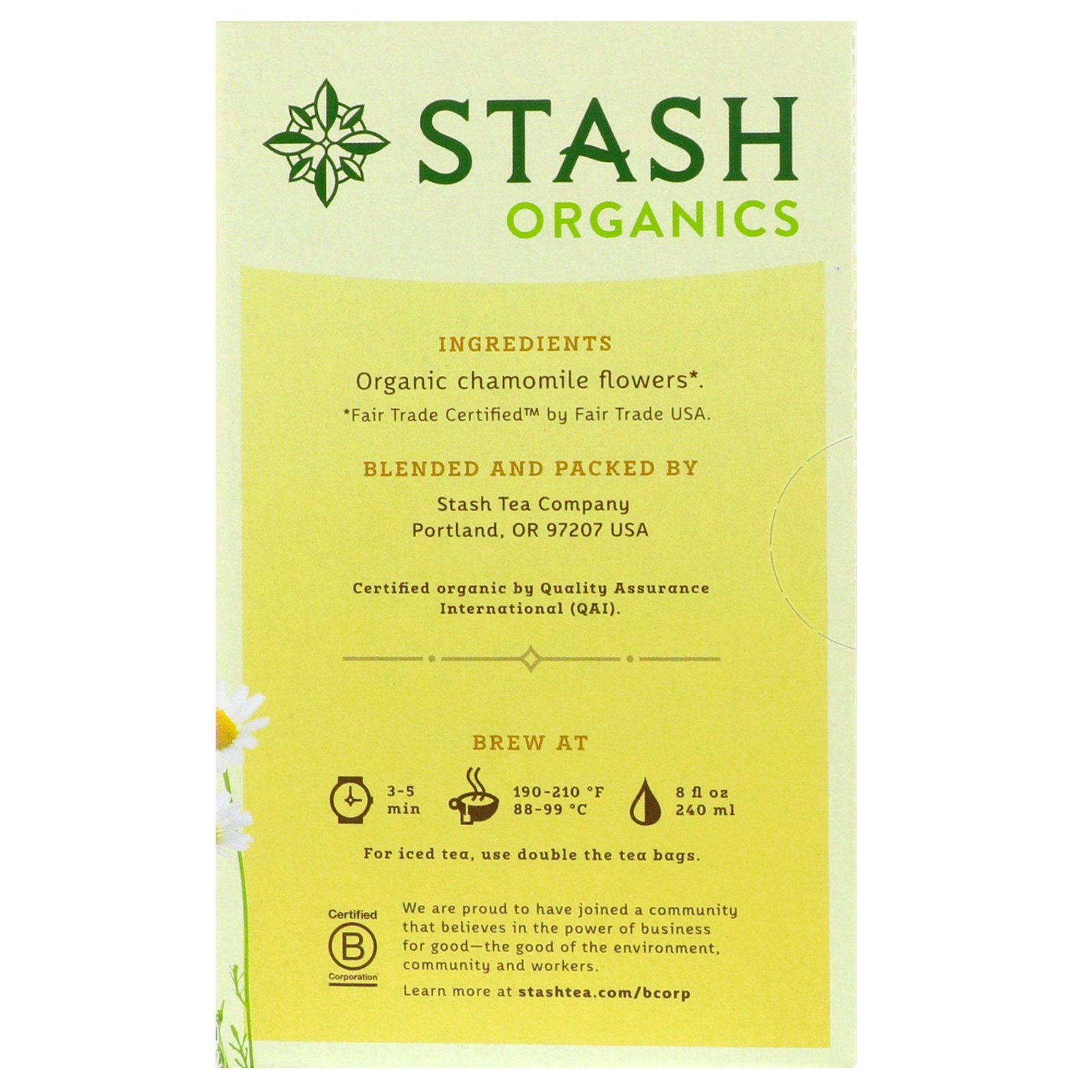 Comprar Stash Tea, Herbal Tea, Organic Chamomile, Caffeine Free, 18 Tea Bags, 0.6 oz (18 g) - Imagem 2