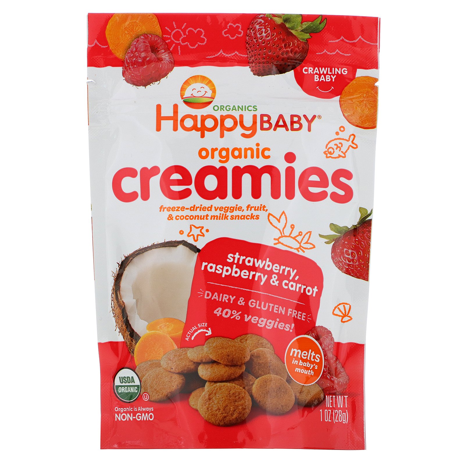 Comprar Happy Family Organics, Cremosos Orgânicos, Vegetais Liofilizados, Petiscos de Frutas e Leite de Coco, Morango, Framboesa e Cenoura, 1 oz (28 g)