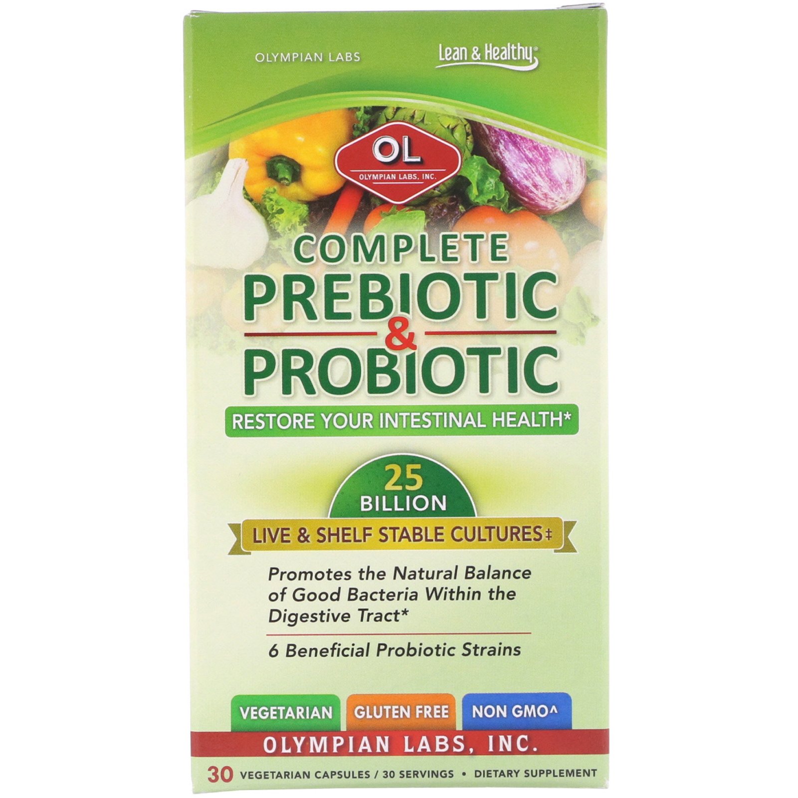 Comprar Olympian Labs, Prebiótico e Probiótico Completo, 30 Cápsulas Vegetarianas