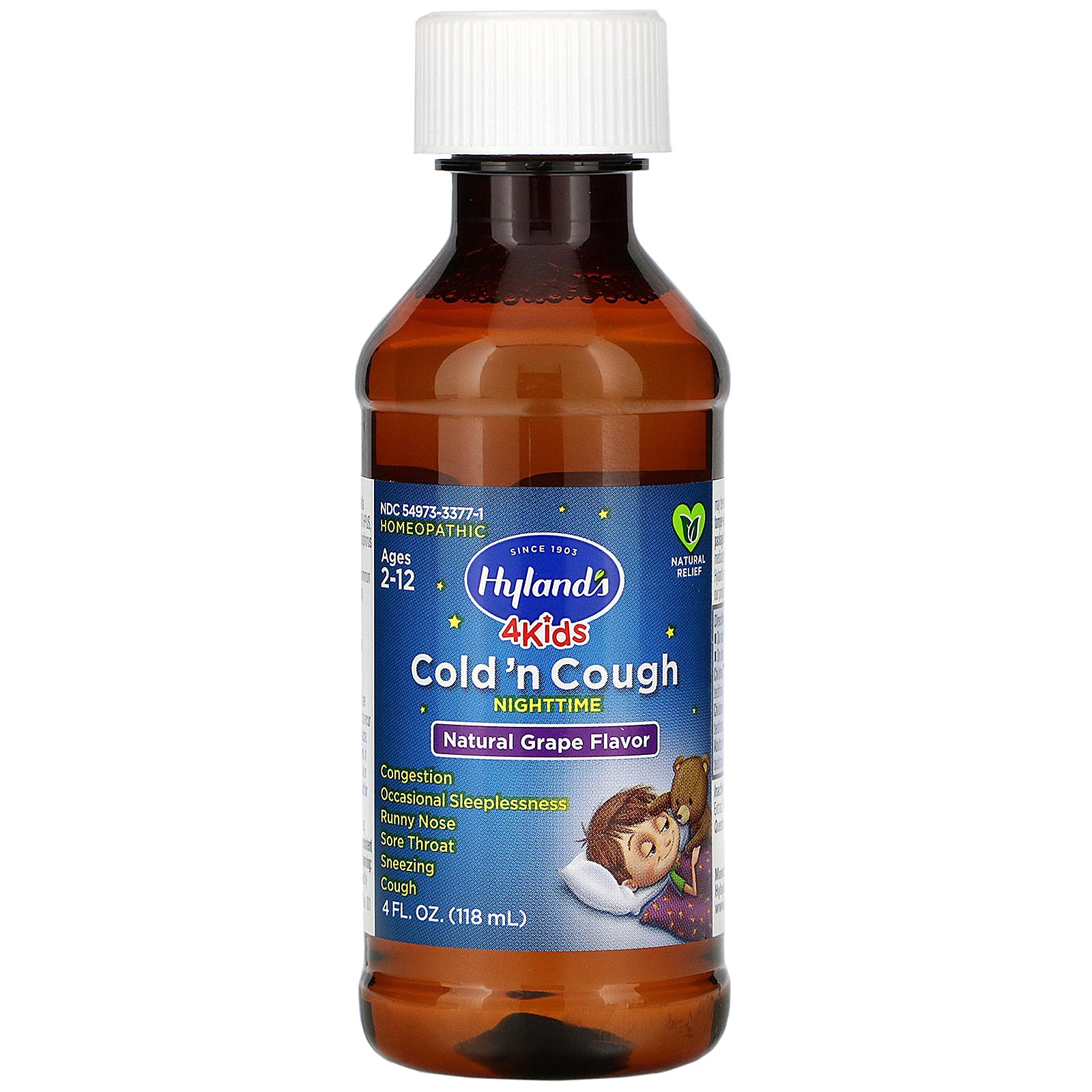 Comprar Hyland's, 4 Kids, Cold 'n Cough Nighttime, Ages 2-12, Natural Grape Flavor, 4 fl oz (118 ml)