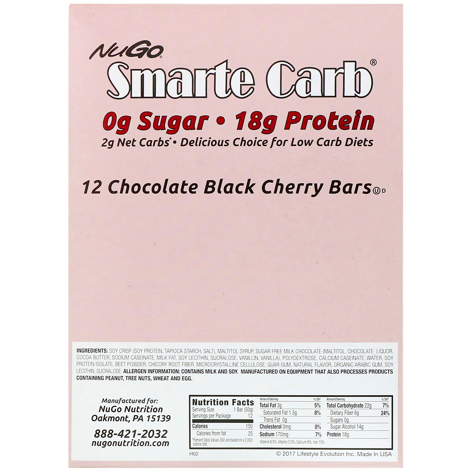 Comprar NuGo Nutrition, Smarte Carb Bar, Chocolate Black Cherry, 12 Bars, 1.76 oz (50 g) Each - Imagem 3