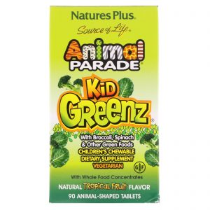Comprar Nature's Plus, Source of Life, Animal Parade, Kid Greenz com Brócolis, Espinafre, Sabor Natural a Frutas Tropicais, 90 Comprimidos em Forma de Animal