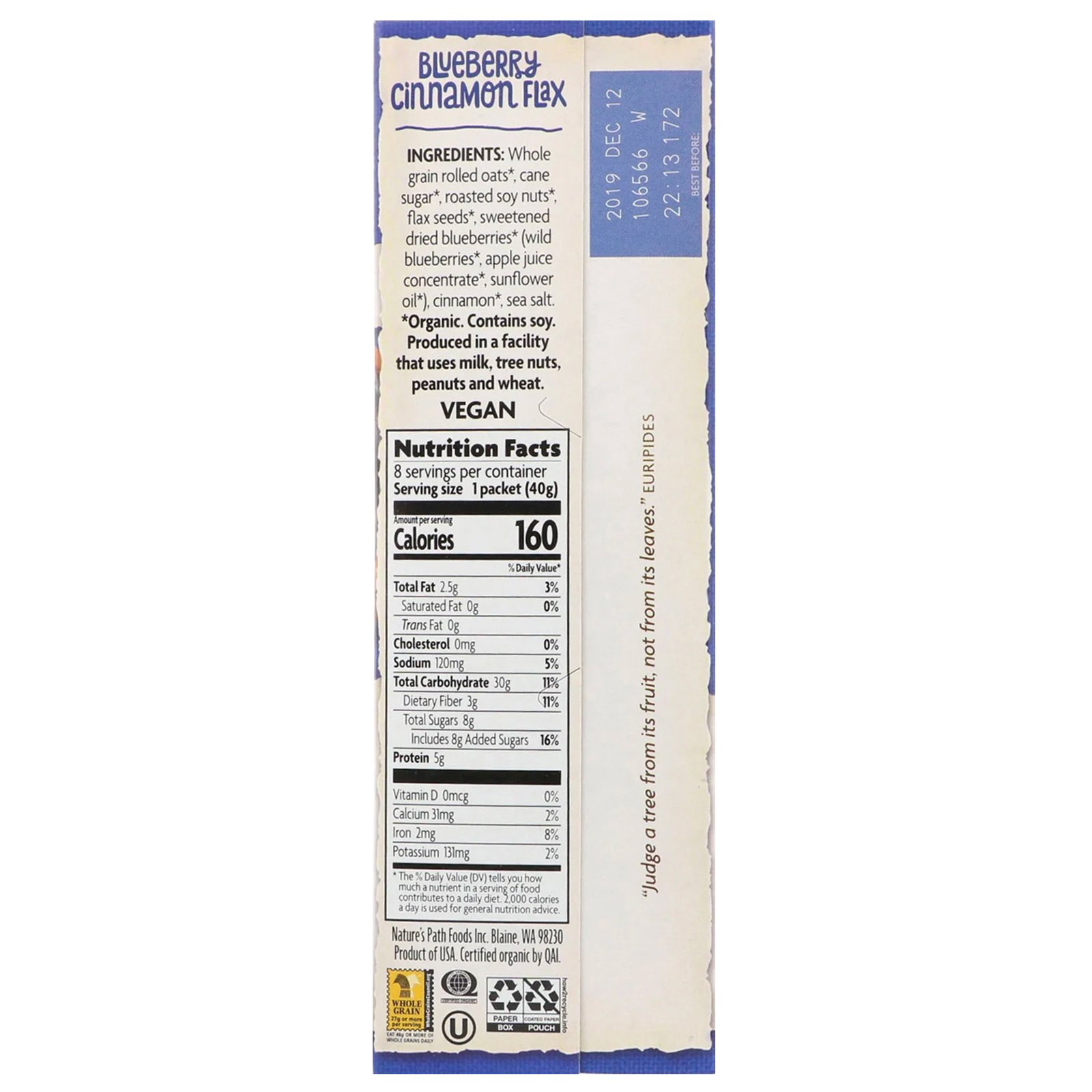 Comprar Nature's Path, Organic Instant Oatmeal, Blueberry Cinnamon Flax, 8 Packets, 11.3 oz (320 g) - Imagem 2