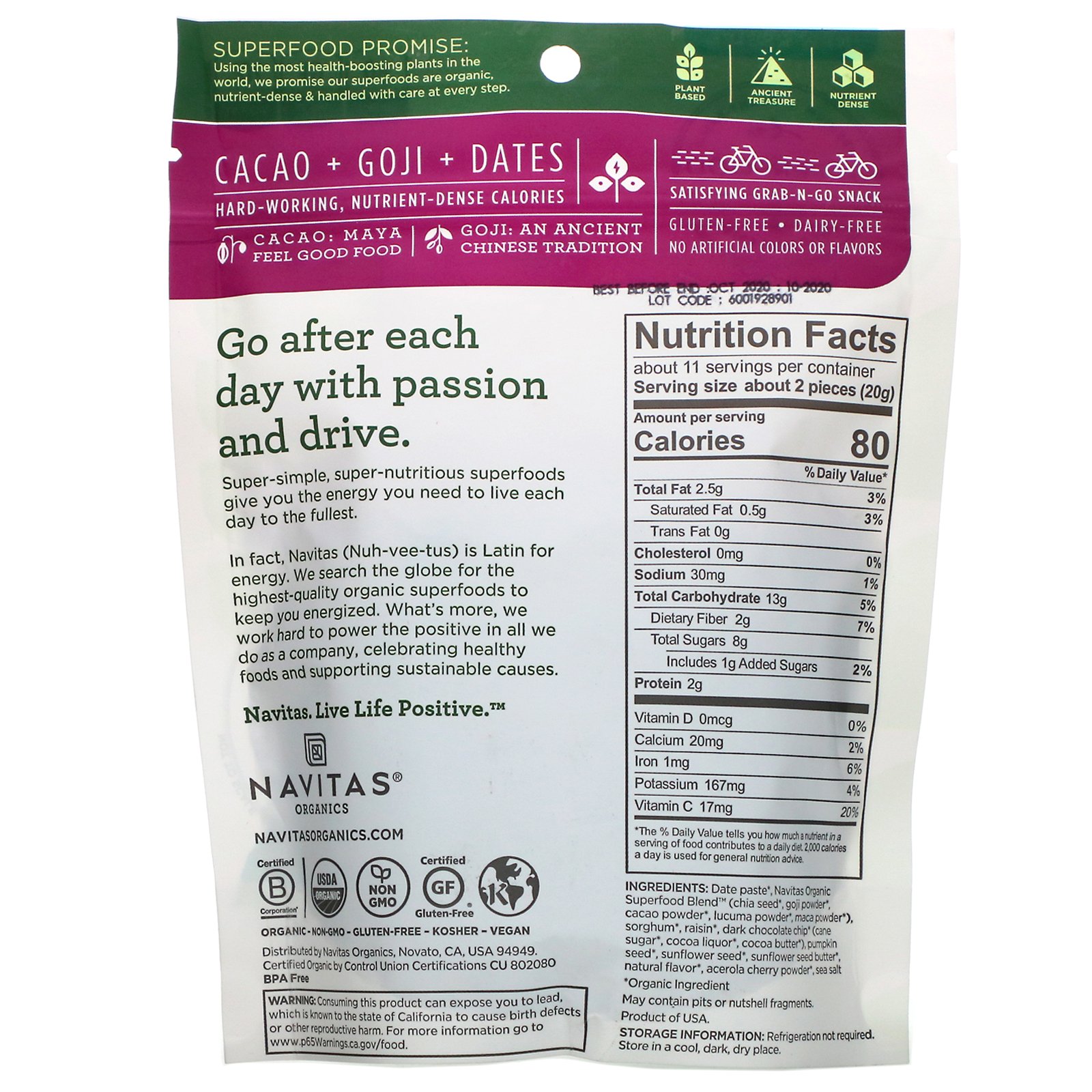 Comprar Navitas Organics, Petiscos Orgânicos Poderosos, Cacau e Goji, 8 oz (227 g) - Imagem 2