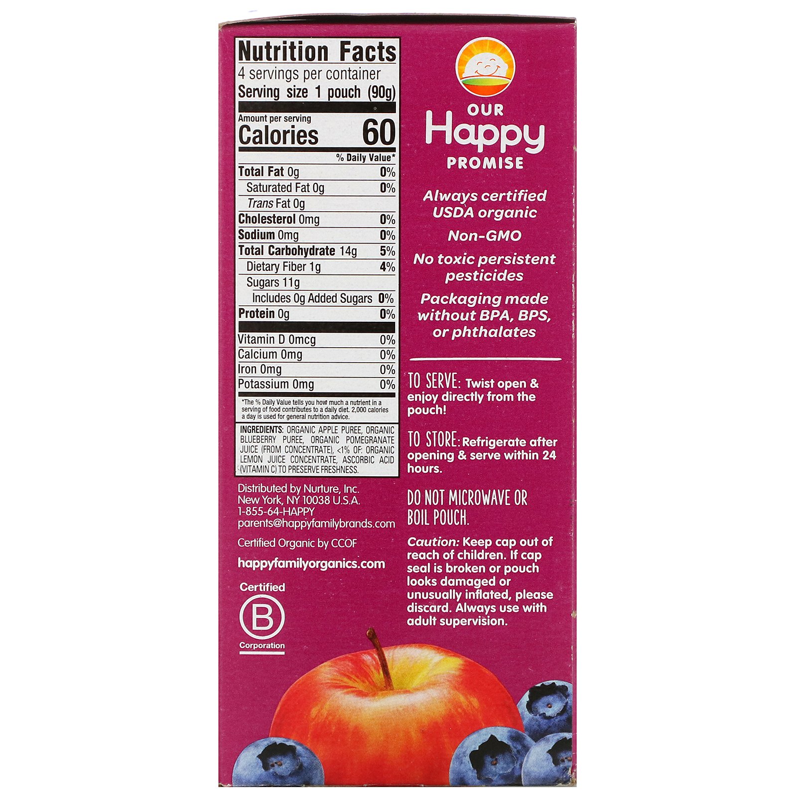 Comprar Happy Family Organics, Happy Kid, Organic Apple, Blueberry & Pomegranate, 4 Pouches, 3.17 oz (90 g) Each - Imagem 2