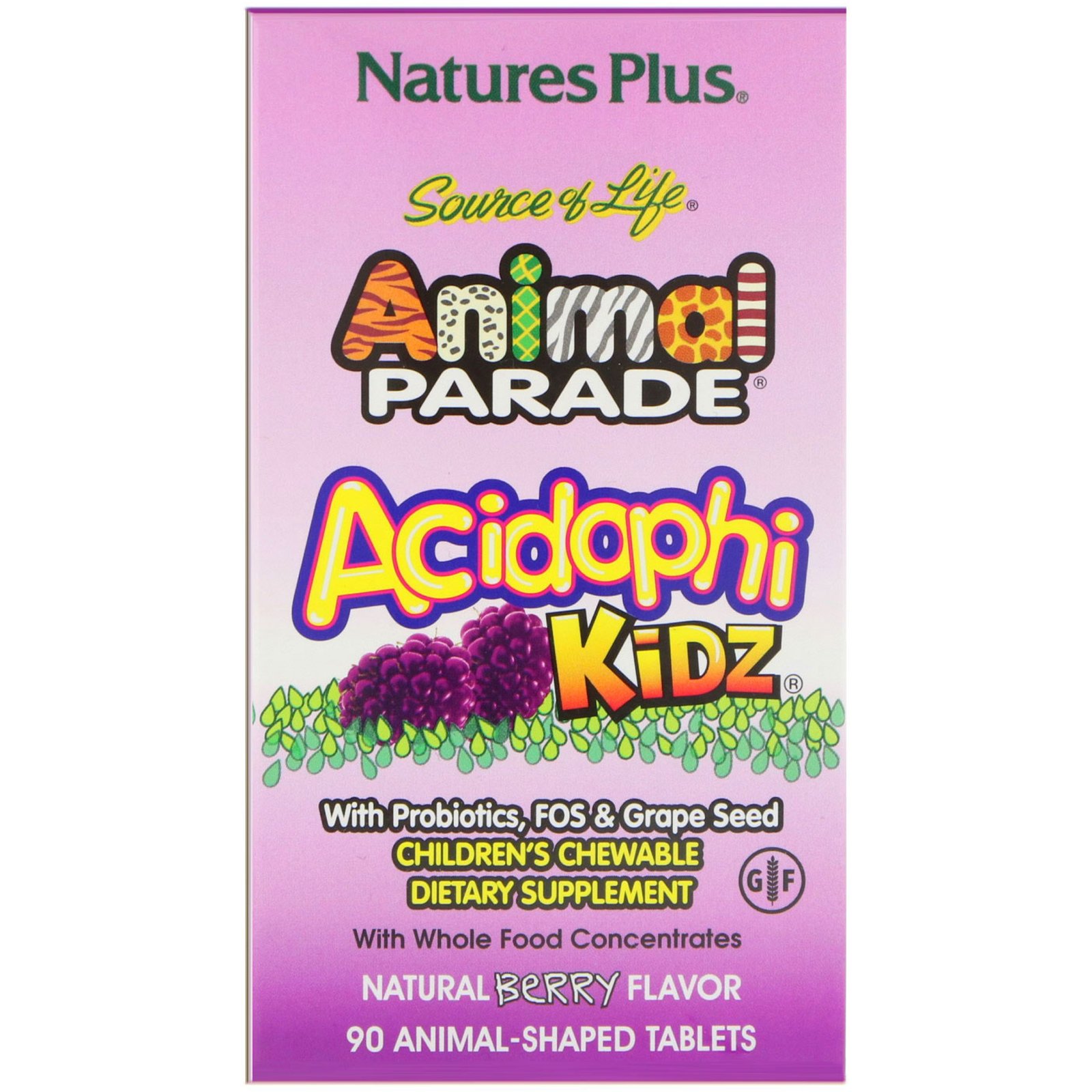 Comprar Nature's Plus, Source of Life, Animal Parade, AcidophiKidz, Children's Chewable, Natural Berry, 90 Animal-Shaped Tablets - Imagem 2