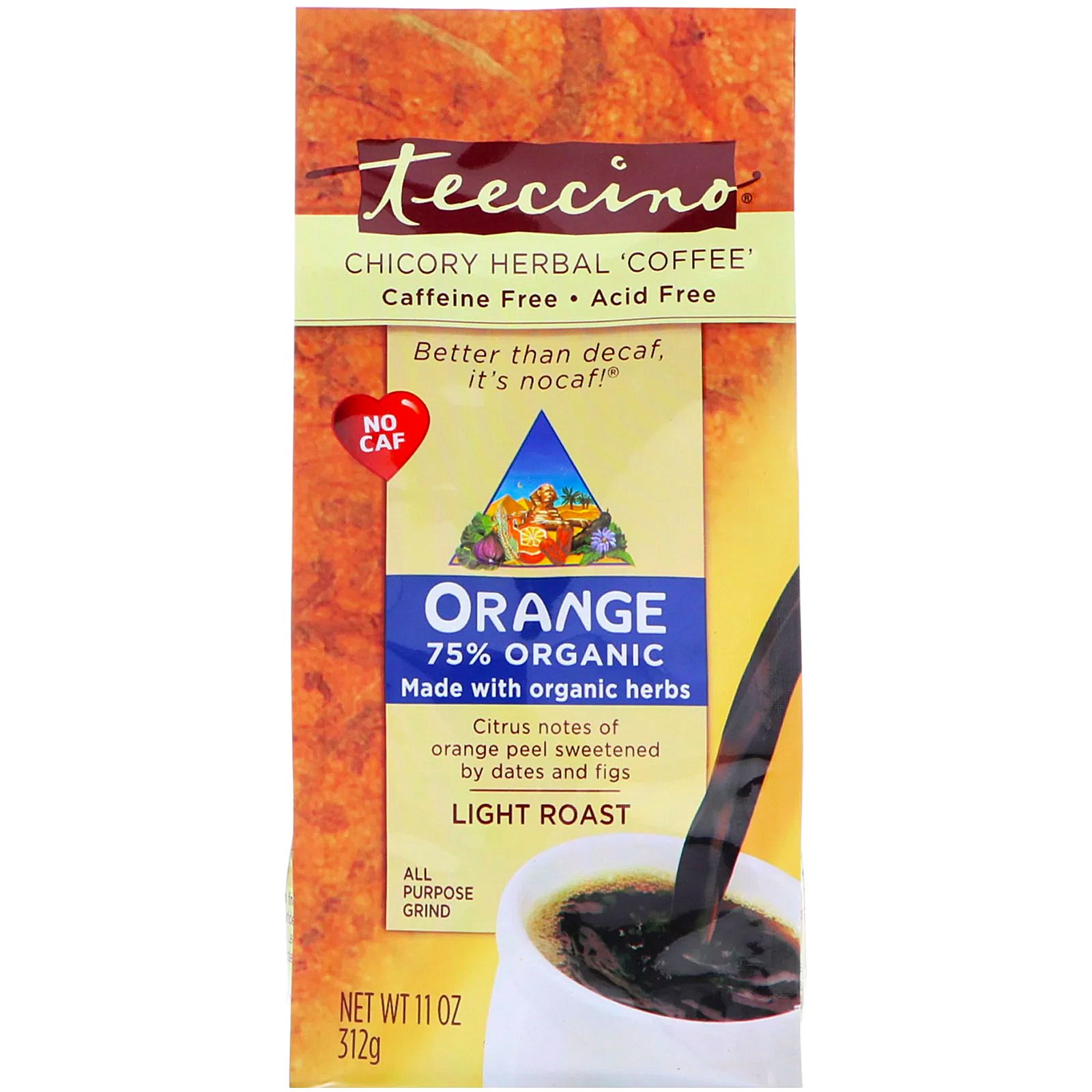 Comprar Teeccino, Café Herbal de Chicória, Laranja, Torragem Suave, Sem Cafeína, 11 oz (312 g)