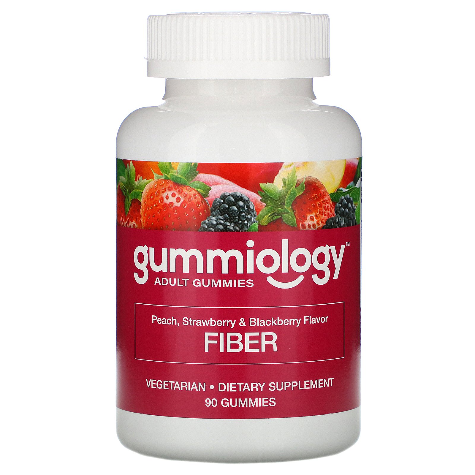 Comprar Gummiology, Gomas para Adultos, Fibras, Aromatizantes Naturais de Pêssego, Morango e Amora, 90 Gomas Vegetarianas