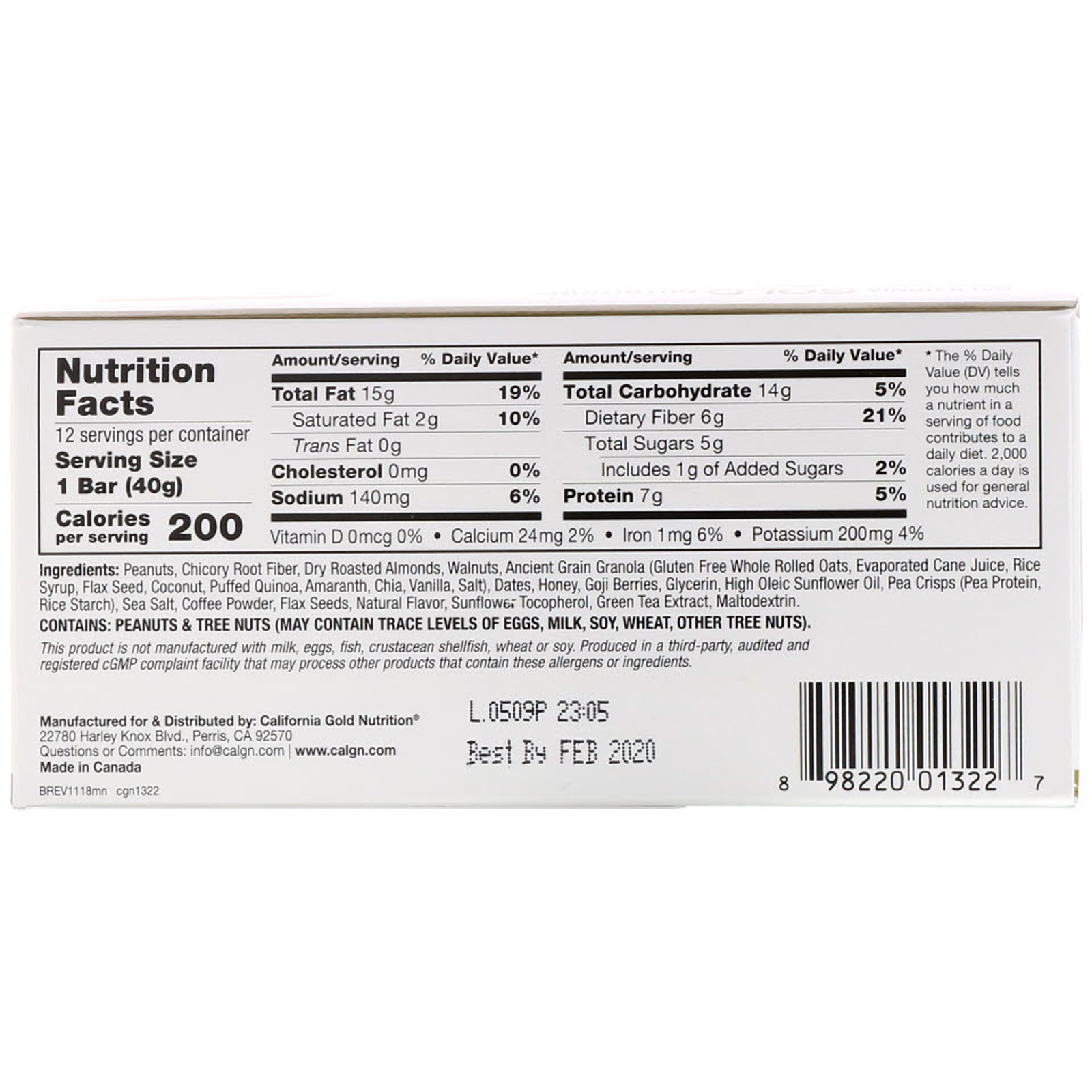 Comprar California Gold Nutrition, Alimentos, Barra de Granola de Café e Nozes, 12 Barras, 1,4 oz (40 g) Cada - Imagem 3