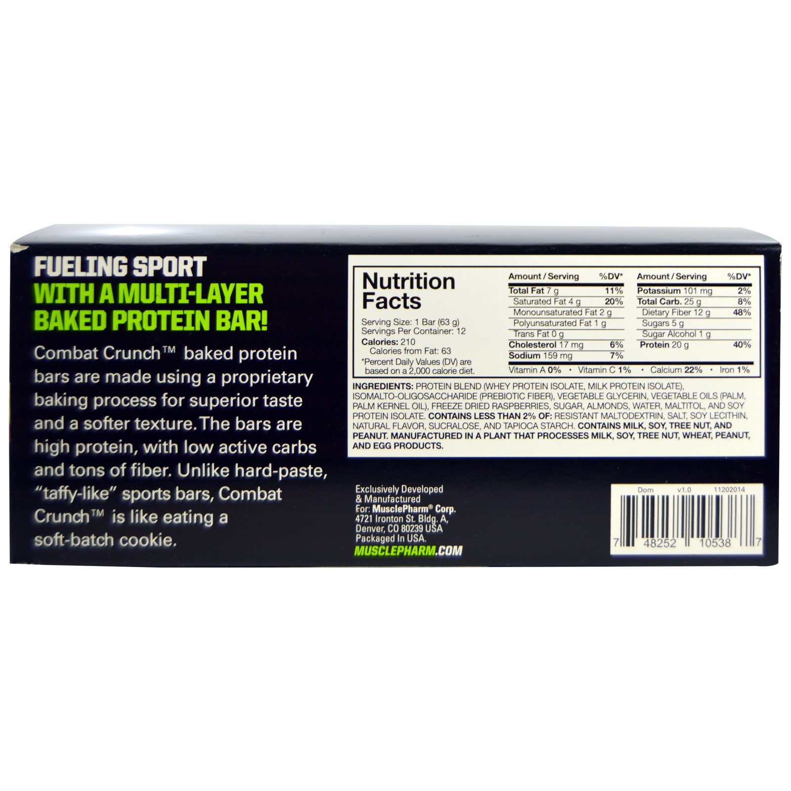 Comprar MusclePharm, Combat Crunch, Framboesa de Chocolate Branco, 12 Barras, 63 g (2,22 oz) Cada - Imagem 3