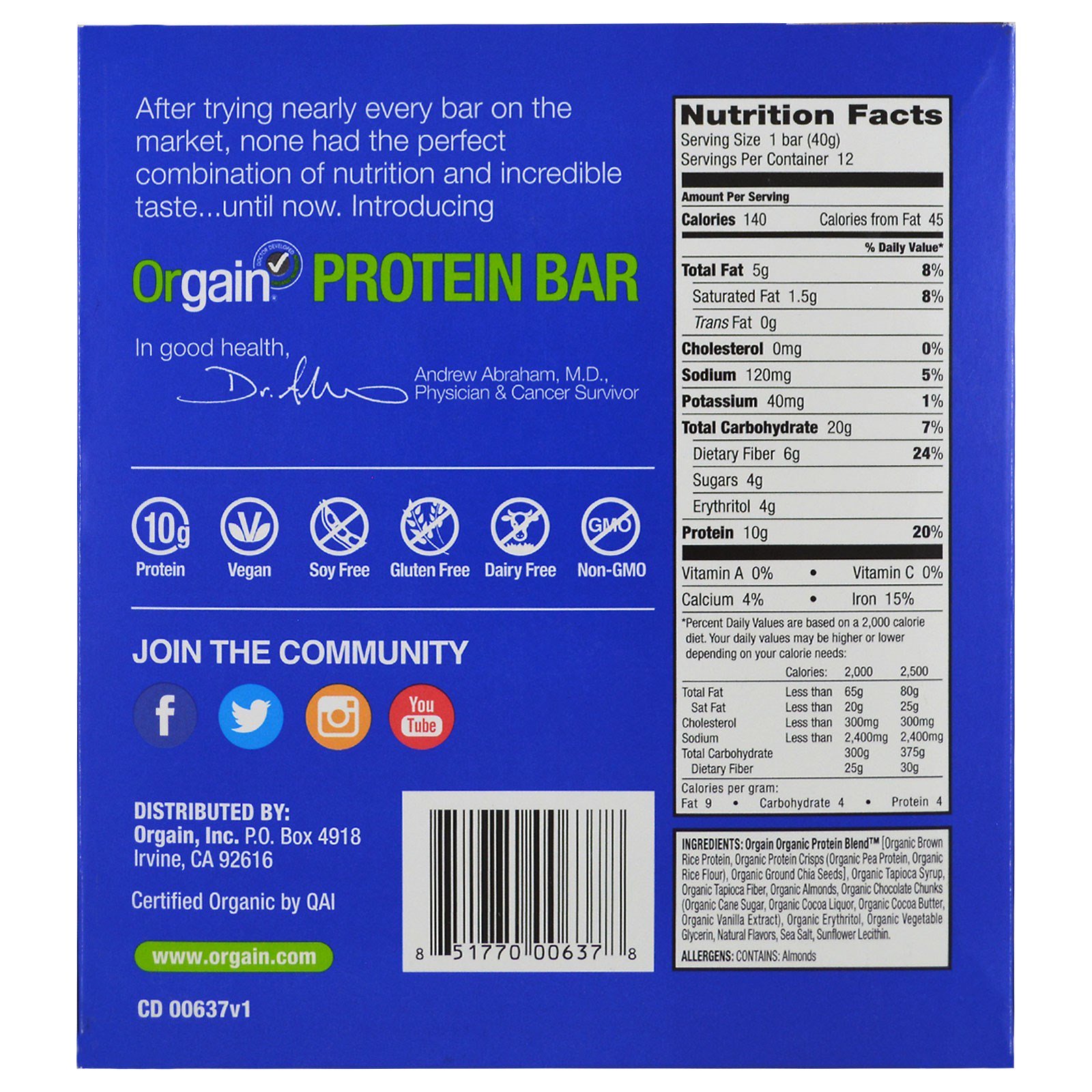 Comprar Orgain, Barra proteica de base vegetal orgânica, S'mores, 12 Barras, 1,41 oz (40 g) Cada - Imagem 3
