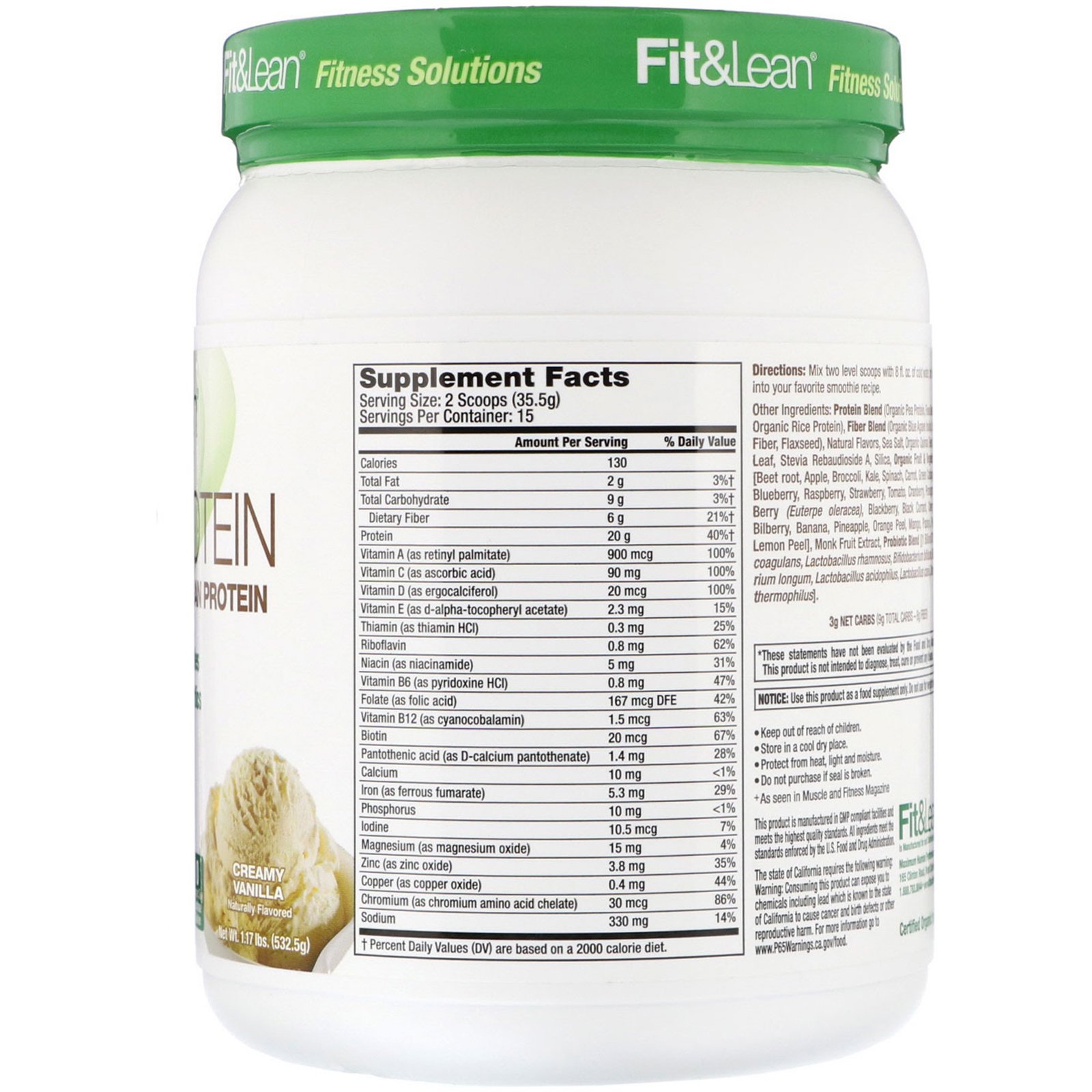 Comprar Fit & Lean, Proteína Vegetal, Baunilha Cremosa, 1,17 lb (532,5 g) - Imagem 2