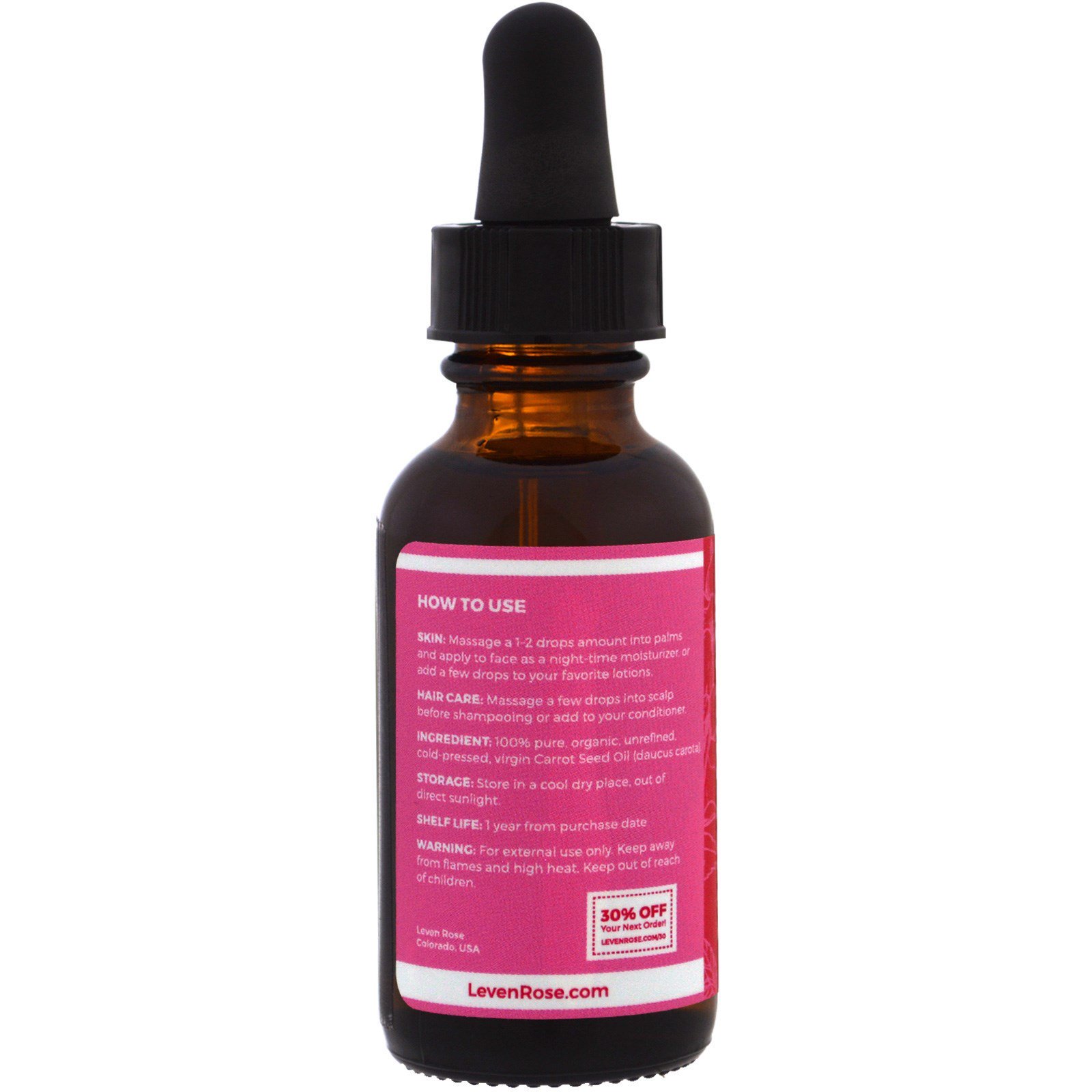 Comprar Leven Rose, Óleo de Semente de Cenoura 100% Puro e Orgânico, 30 ml (1 fl oz) - Imagem 2