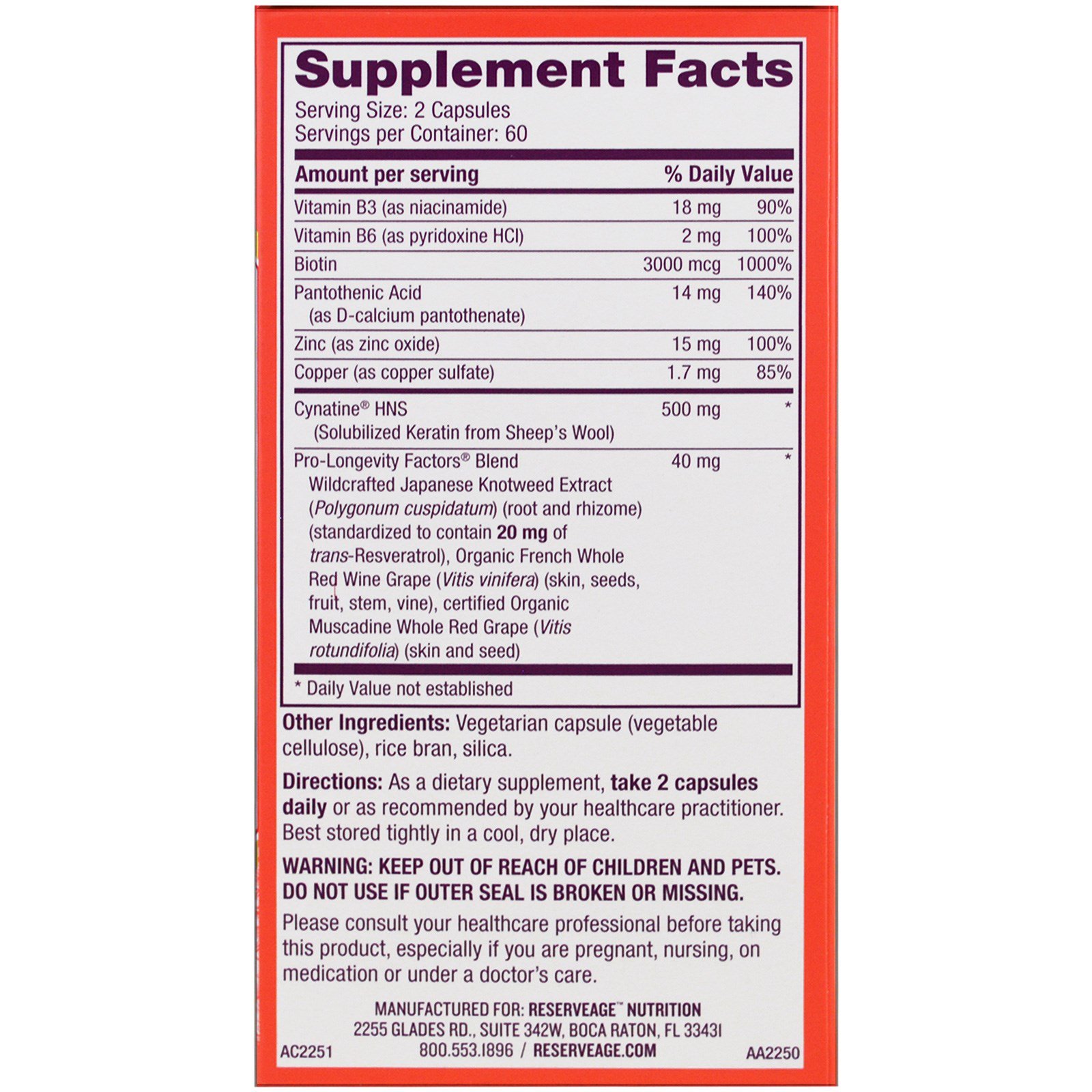 Comprar ReserveAge Nutrition, Keratin Hair Booster with Biotin & Resveratrol, 120 Capsules - Imagem 2
