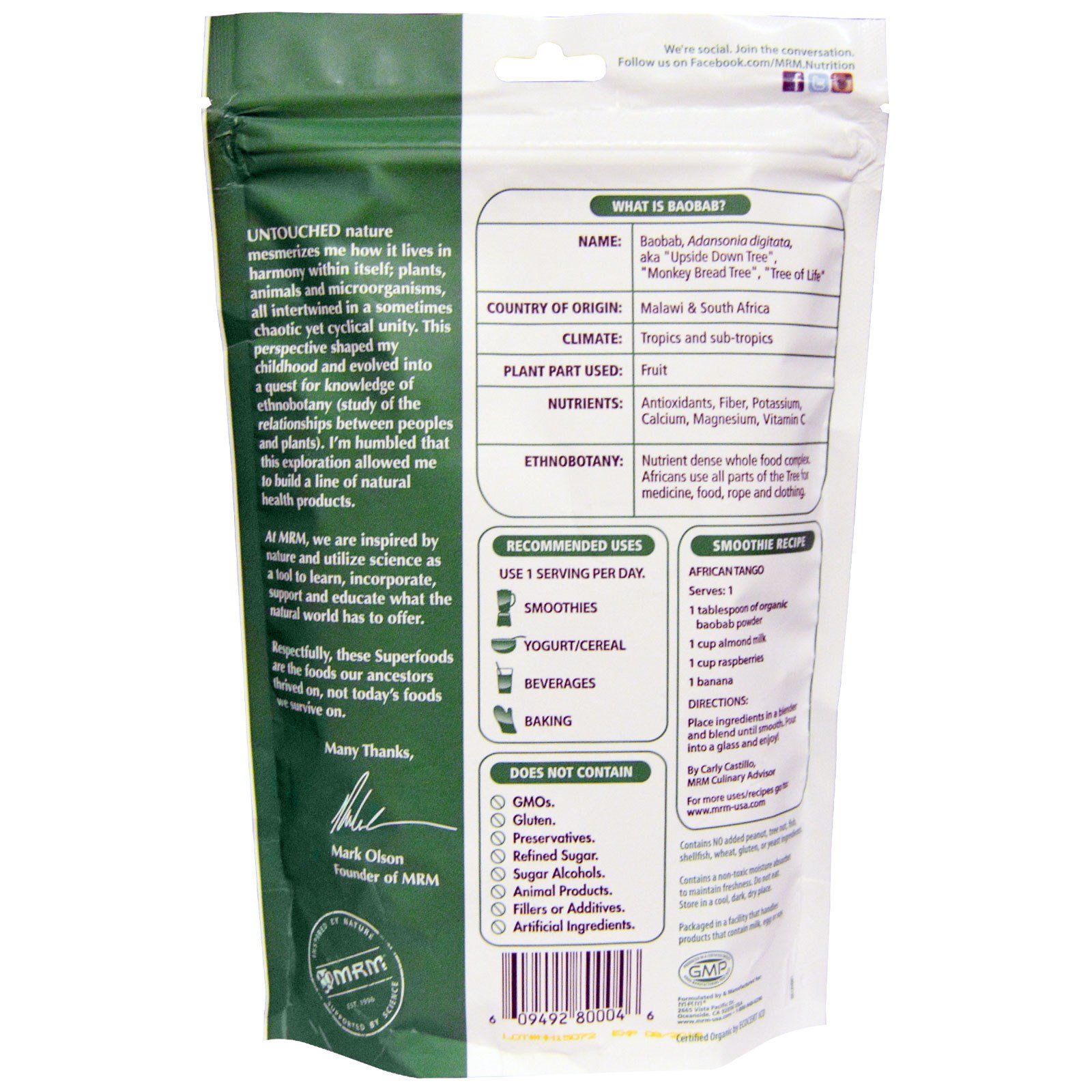 Comprar MRM, Baobá Orgânico Cru em Pó, 240 g (8,5 oz) - Imagem 2