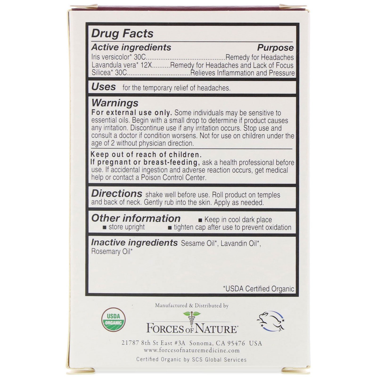 Comprar Forces of Nature, Dor de Cabeça, Roll-on para Controle da Dor, 4 ml (0,14 oz) - Imagem 2