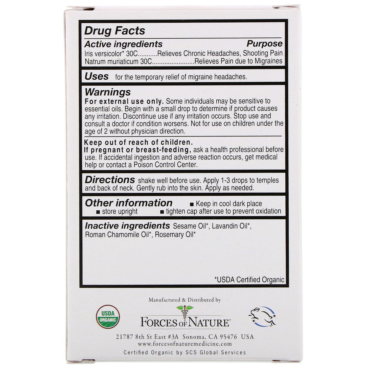 Comprar Forces of Nature, Controle das Dores de Enxaqueca, 0,37 oz (11 ml) - Imagem 2