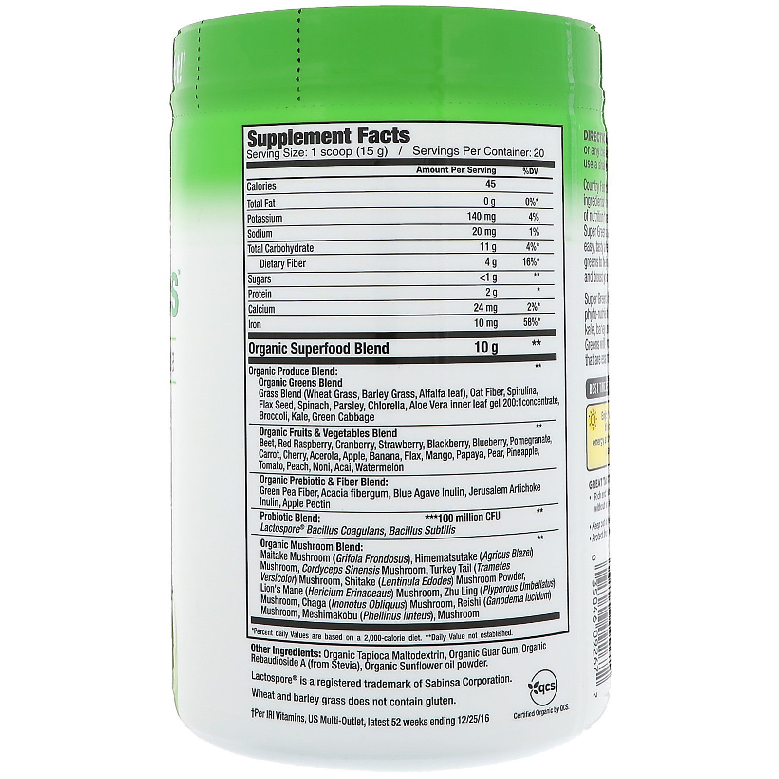 Comprar Country Farms, Super Greens, Fórmula de Alimentos Integrais com Certificação Orgânica, Delicioso Sabor Natural, 300 g (10,6 oz) - Imagem 2