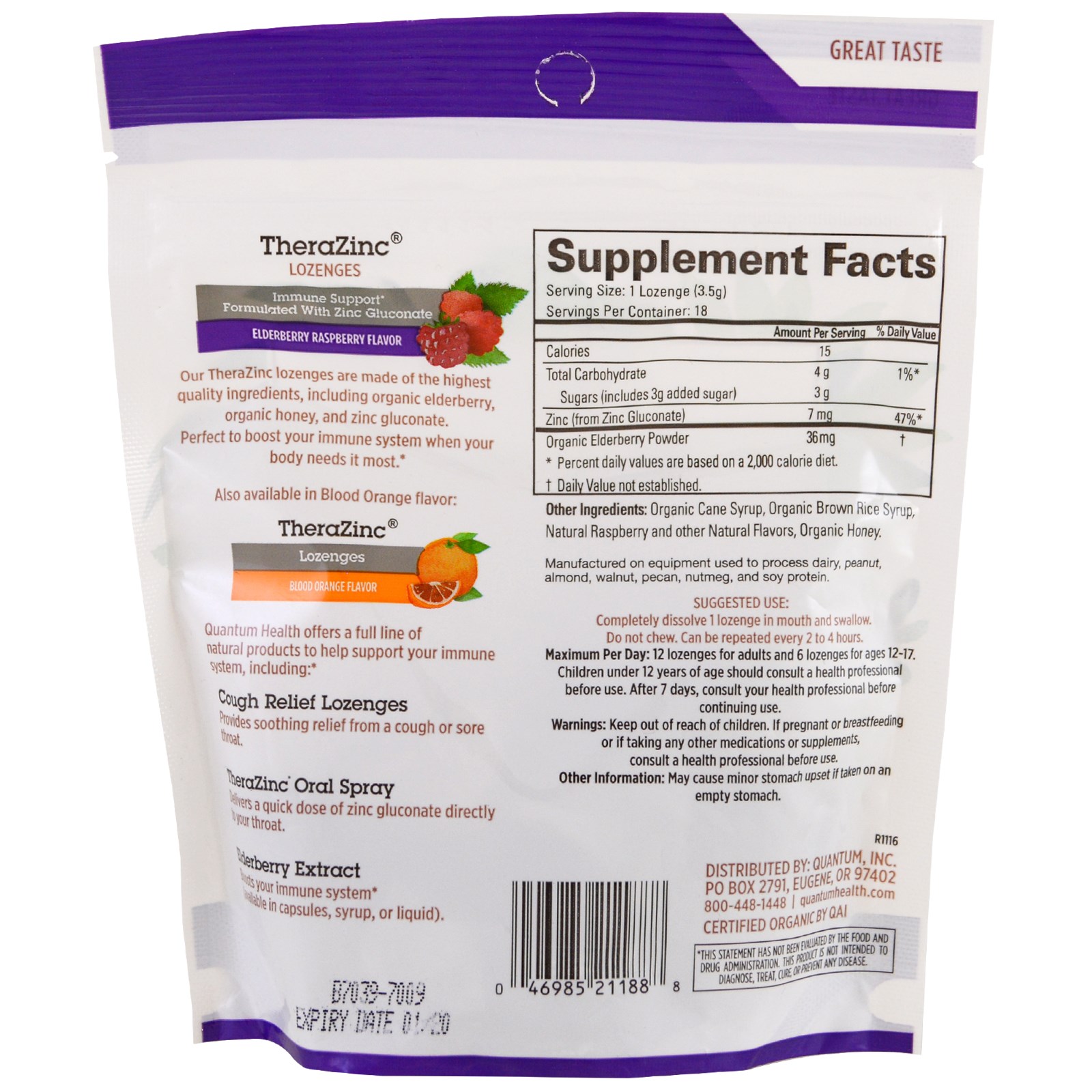 Comprar Quantum Health, Pastilhas TheraZinc, Sabor Framboesa e Baga de Sabugueiro, 18 Pastilhas - Imagem 2