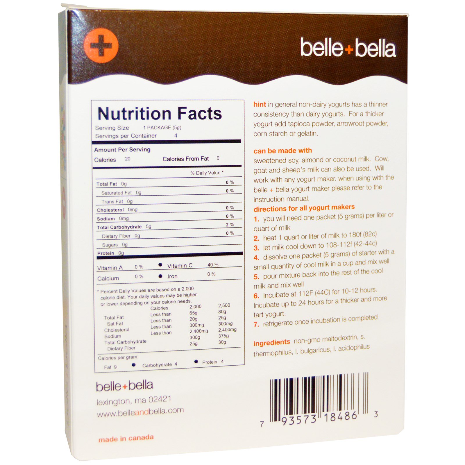 Comprar Belle+Bella, Iniciador para iogurte não-lácteo, 4 sachês, (5 g) cada - Imagem 2