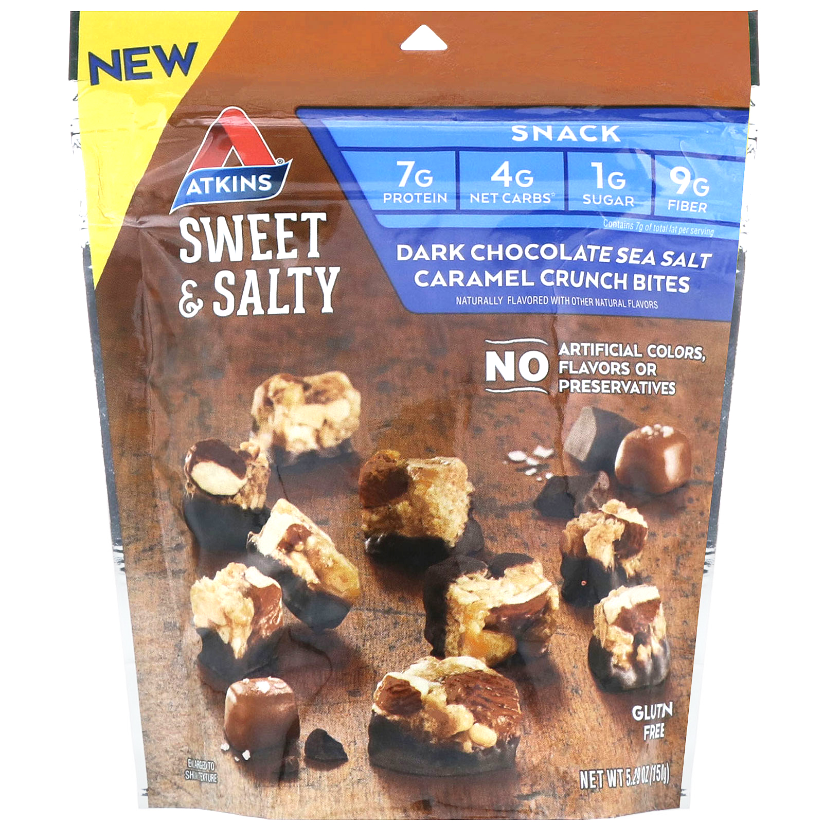 Comprar Atkins, Petiscos Sweet & Salty, Chocolate meio amargo com sal marinho e pedaços crocantes de caramelo, 5,29 oz (150 g)