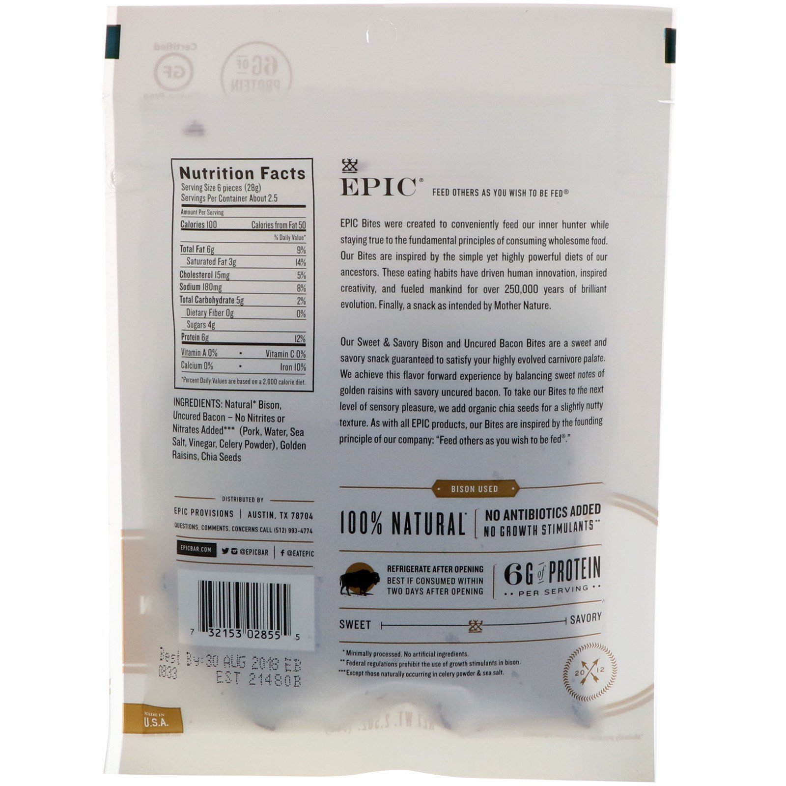 Comprar Epic Bar, Petiscos, bisão e bacon não curados, doce e saboroso, 2.5 oz (71 g) - Imagem 2