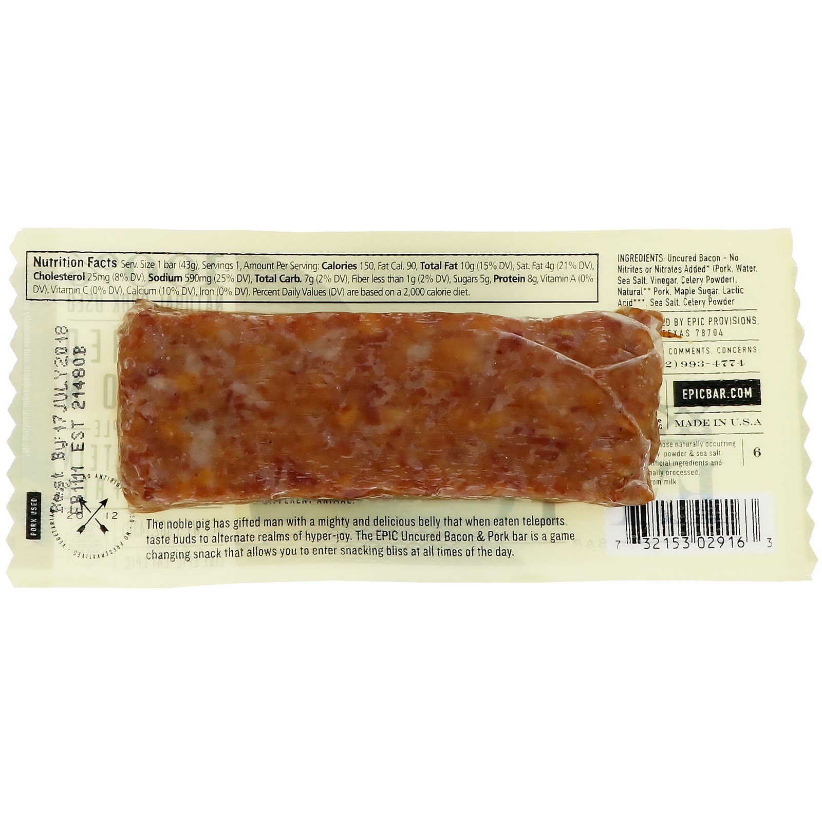 Comprar Epic Bar, Bacon Não Curado, Barra de Carne de Porco + Bordo, 12 Barras, 43 g Cada - Imagem 2