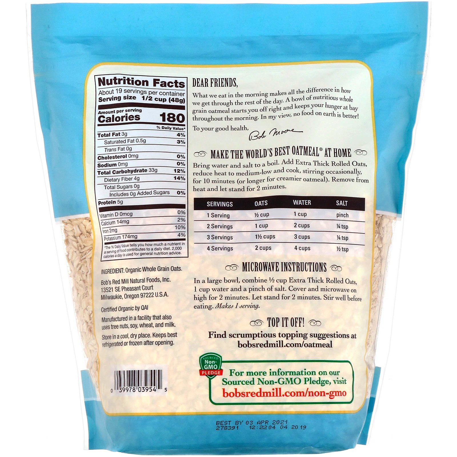 Comprar Bob's Red Mill, Organic Extra Thick Rolled Oats, Whole Grain, 32 oz (907 g) - Imagem 2