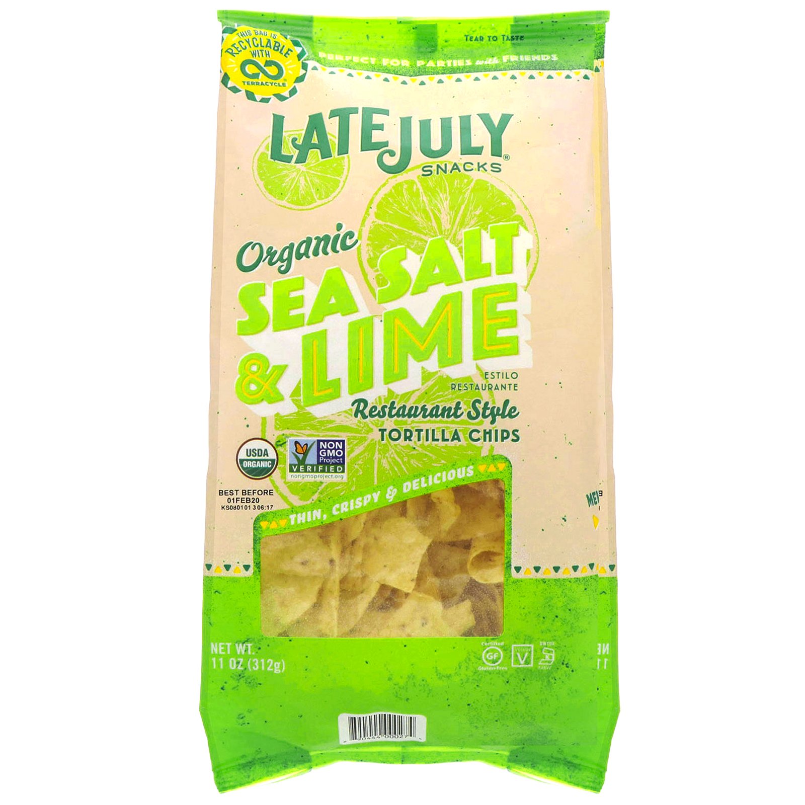 Comprar Late July, Organic Tortilla Chips, Sea Salt & Lime, 11 oz (312 g)