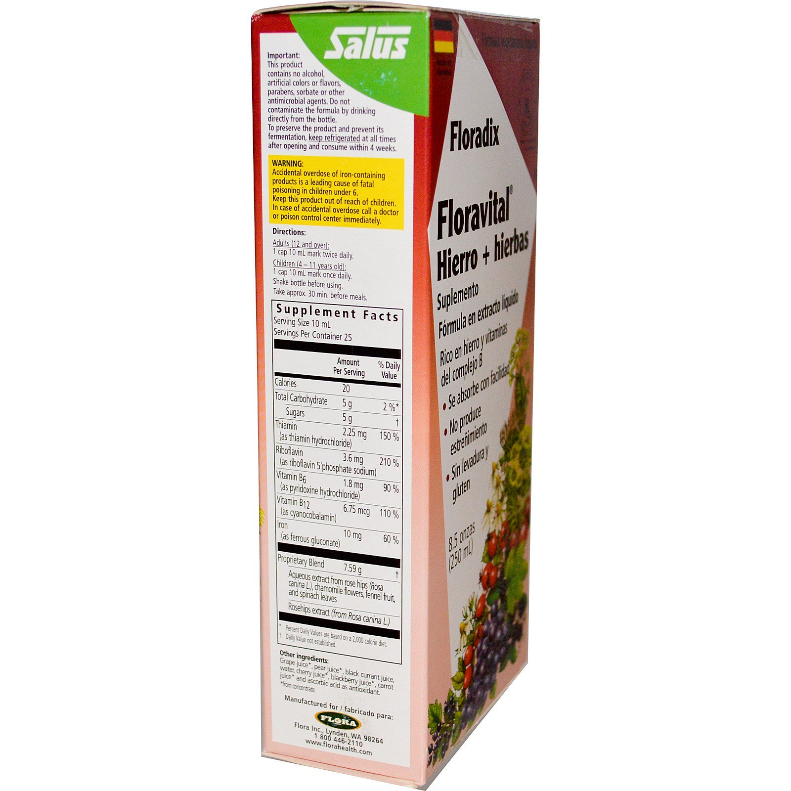 Comprar Flora, Salus, Floradix, Suplemento Floravital para Ferro + Ervas, Fórmula para Extrato Líquido, 250 ml (8,5 fl oz) - Imagem 2