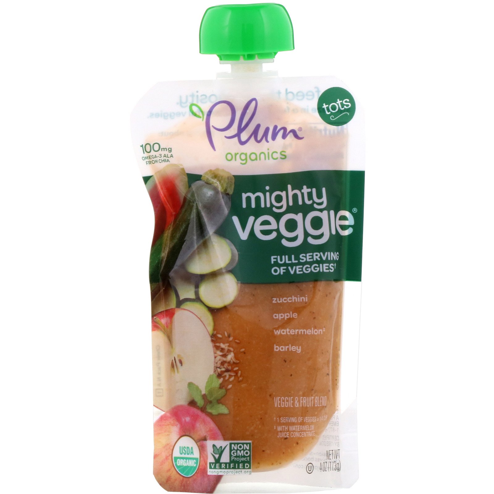 Comprar Plum Organics, Tots, Mighty Veggie, Abobrinha, Maça, Melancia, Cevada, 4 oz (113g)