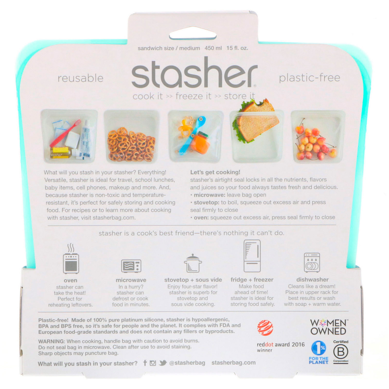 Comprar Stasher, Embalagem Reutilizável de Silicone para Alimentos, Tamanho de Sanduíche Médio, Aqua, 15 fl oz (450 ml) - Imagem 2