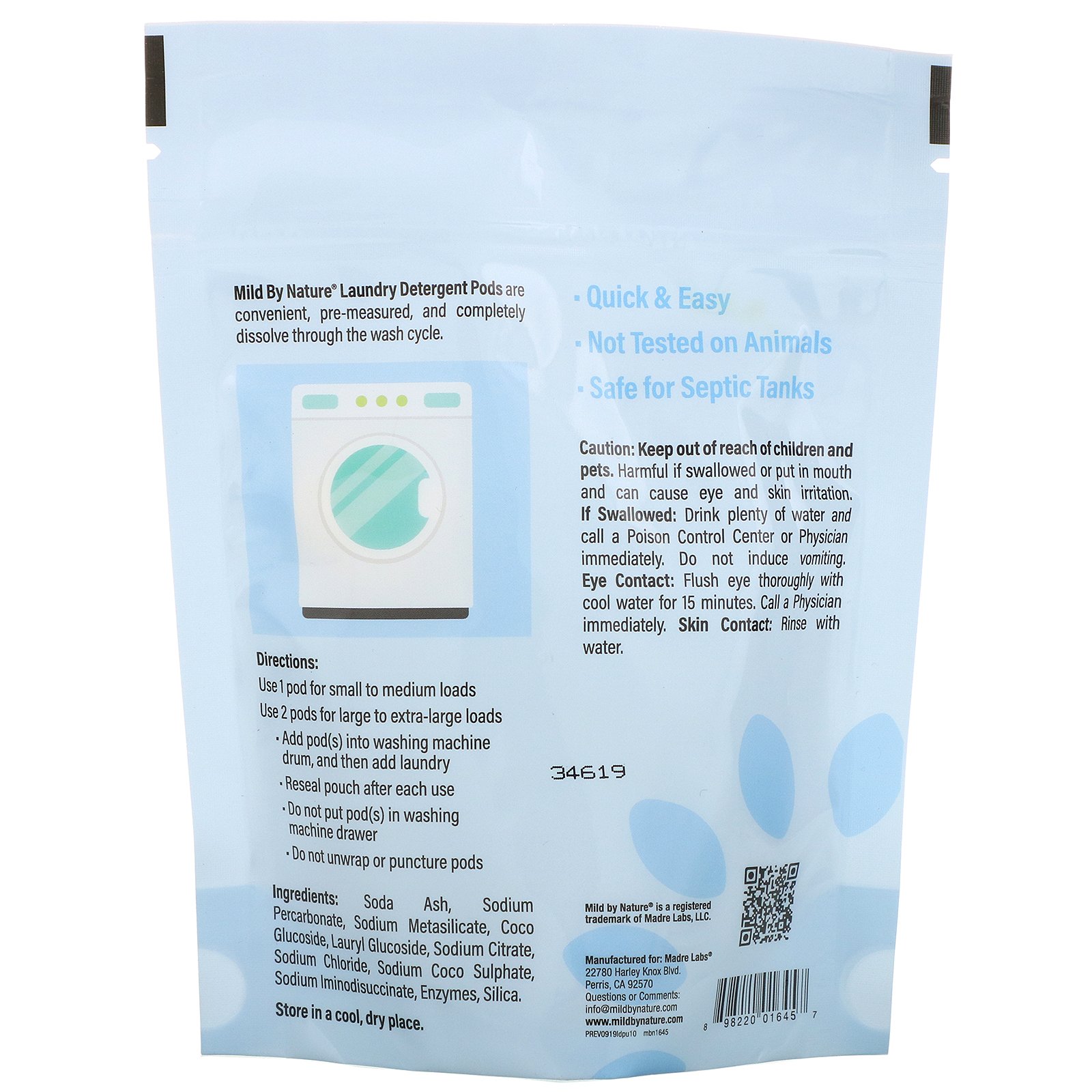 Comprar Mild By Nature, Sachês de Sabão para Lavadora de Roupas, Sem Aroma, 10 Lavagens, 177 g (0,39 lb) - Imagem 2
